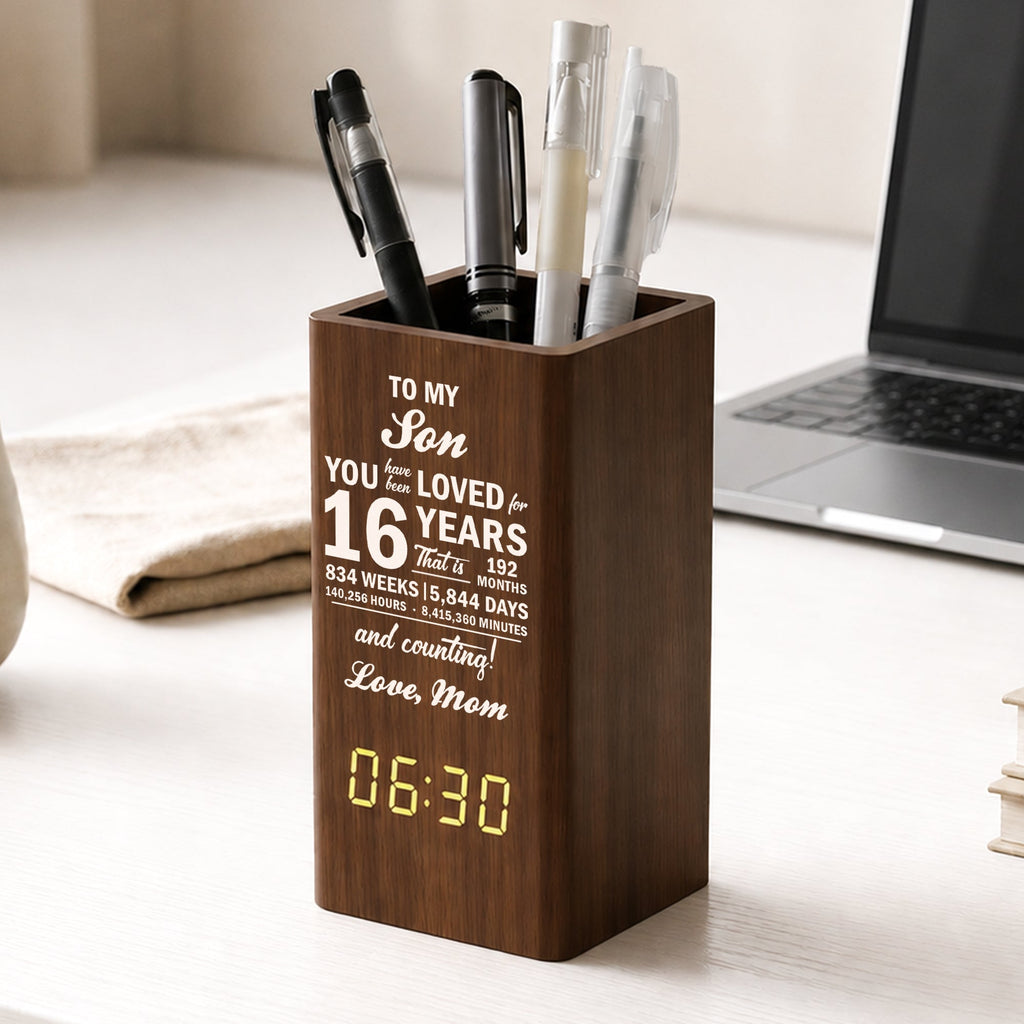 16th 18th 21st Birthday Gift For Son Daughter - Personalized Pen Holder With Clock