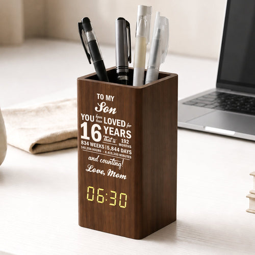 16th 18th 21st Birthday Gift For Son Daughter - Personalized Pen Holder With Clock