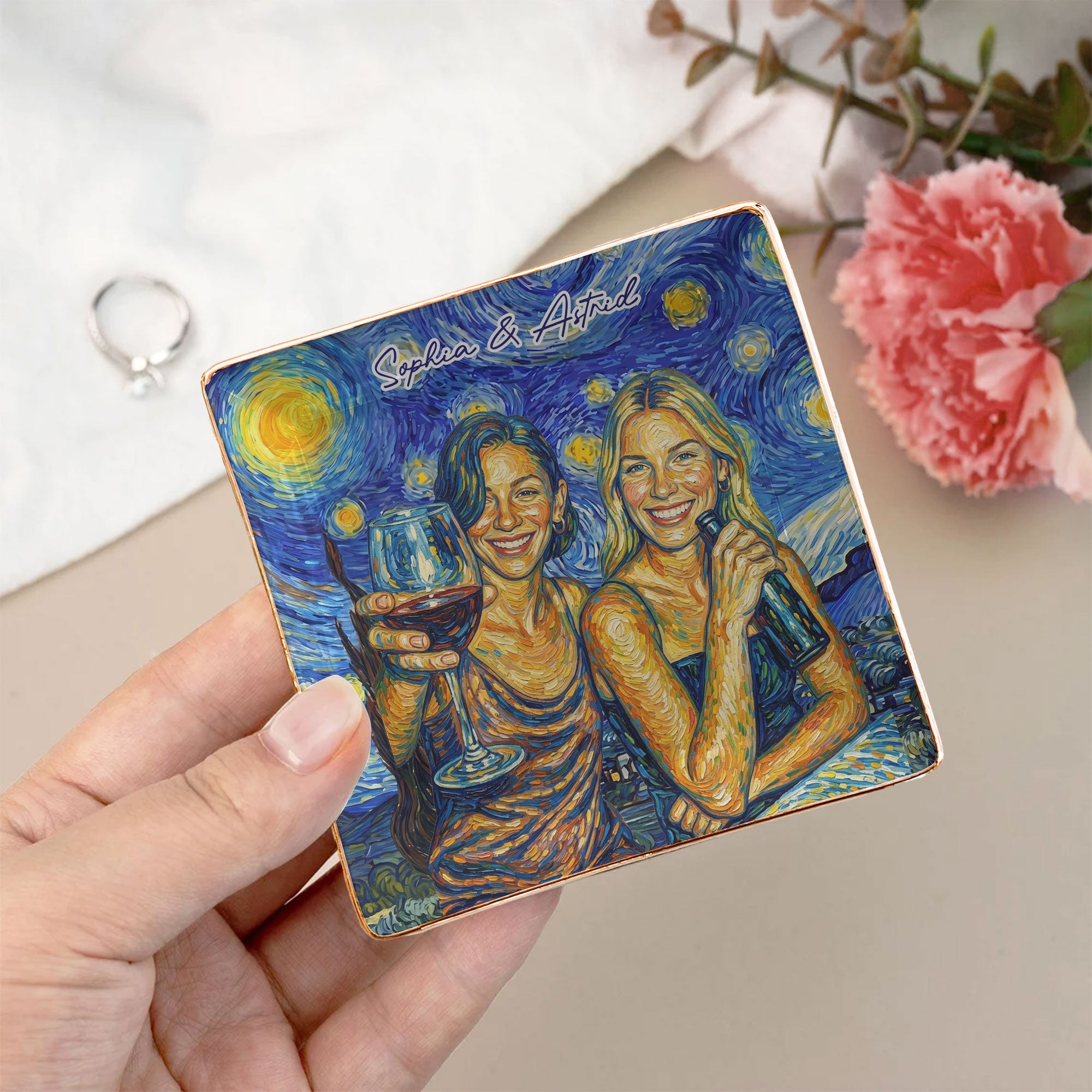 Custom Photo Van Gogh Style Art Friendship Gifts For BFF, Besties, Soul Sisters - Personalized Jewelry Dish