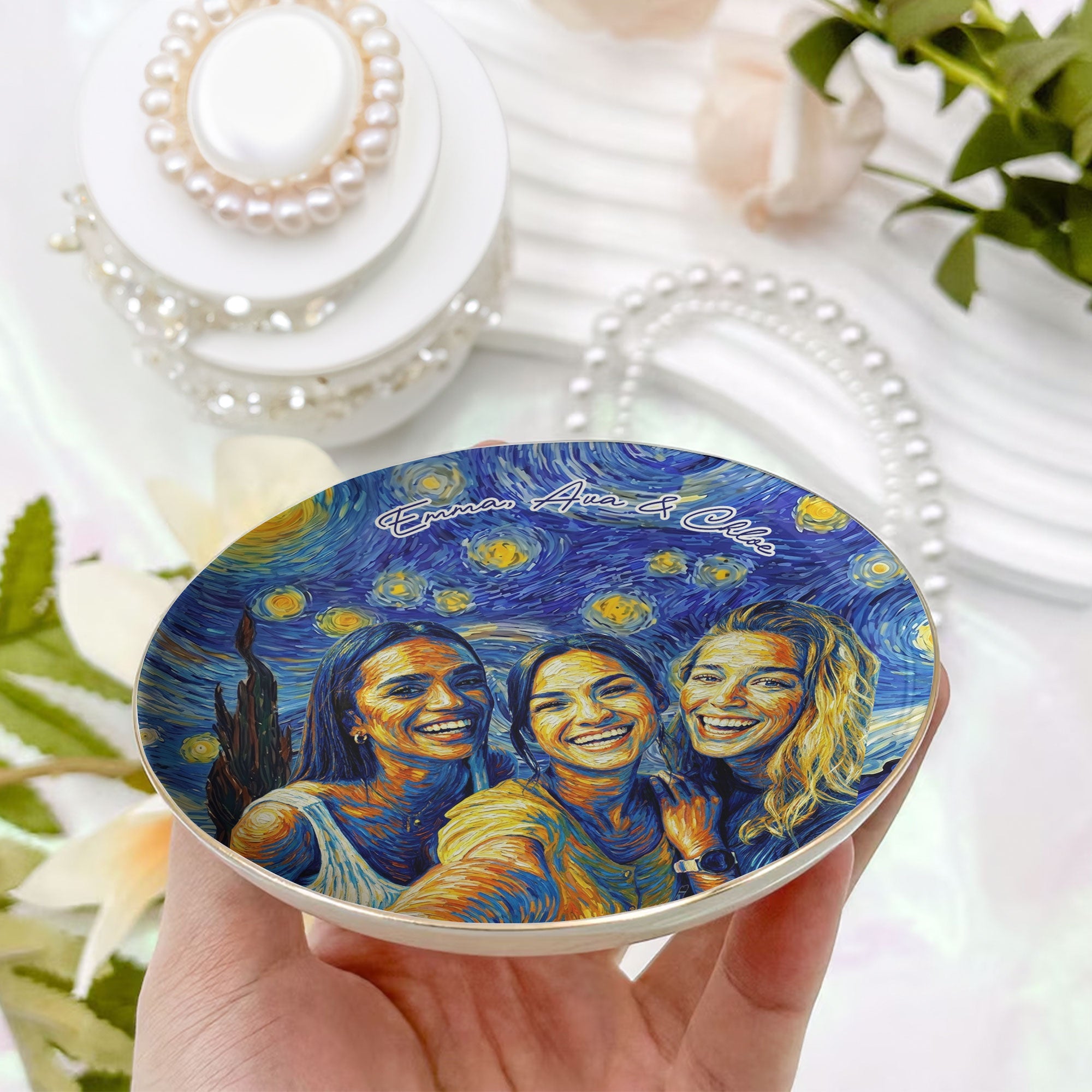 Custom Photo Van Gogh Style Art Friendship Gifts For BFF, Besties, Soul Sisters - Personalized Jewelry Dish
