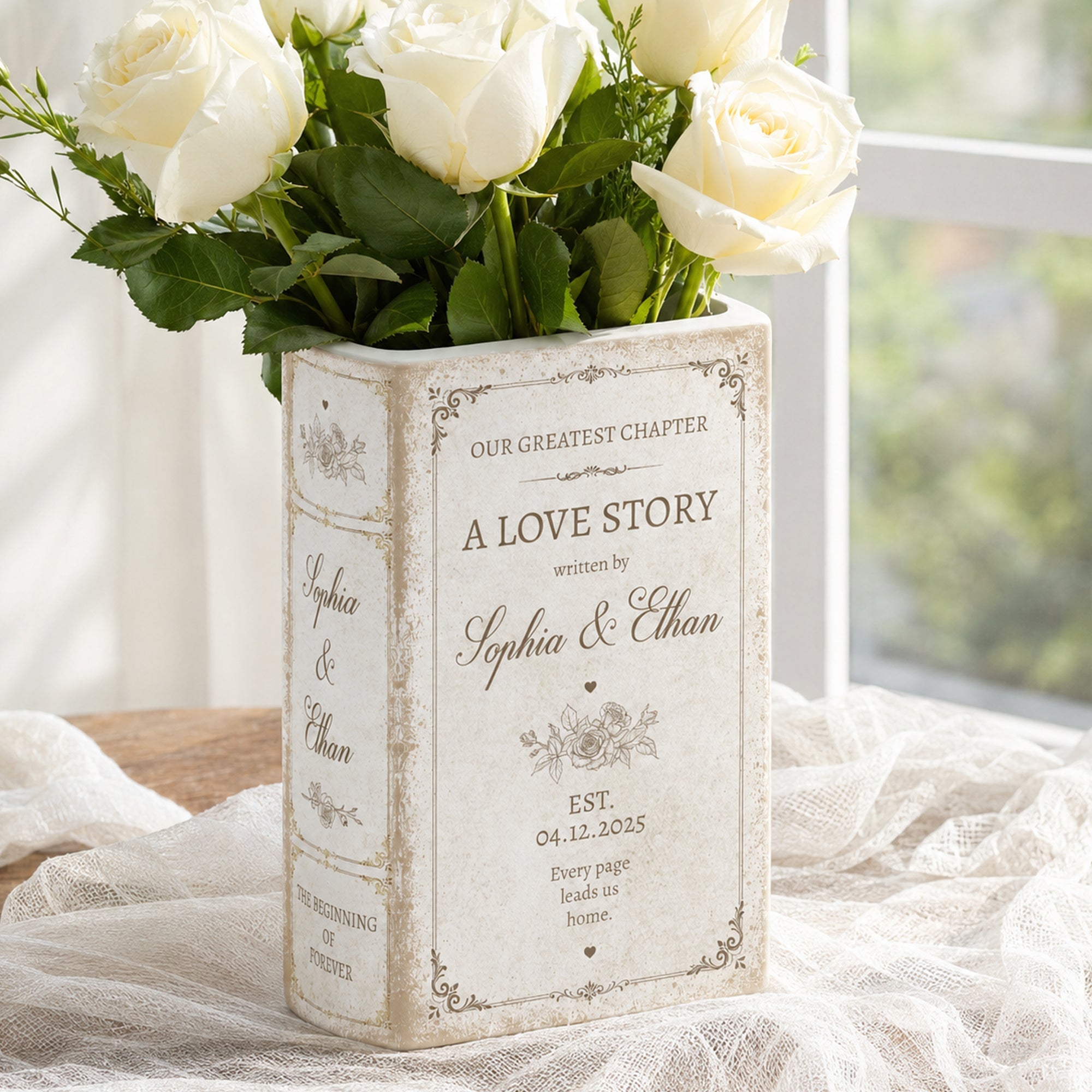 A Love Story Written By - Gifts For Newlywed Couples Ceramic Book - Personalized Vase