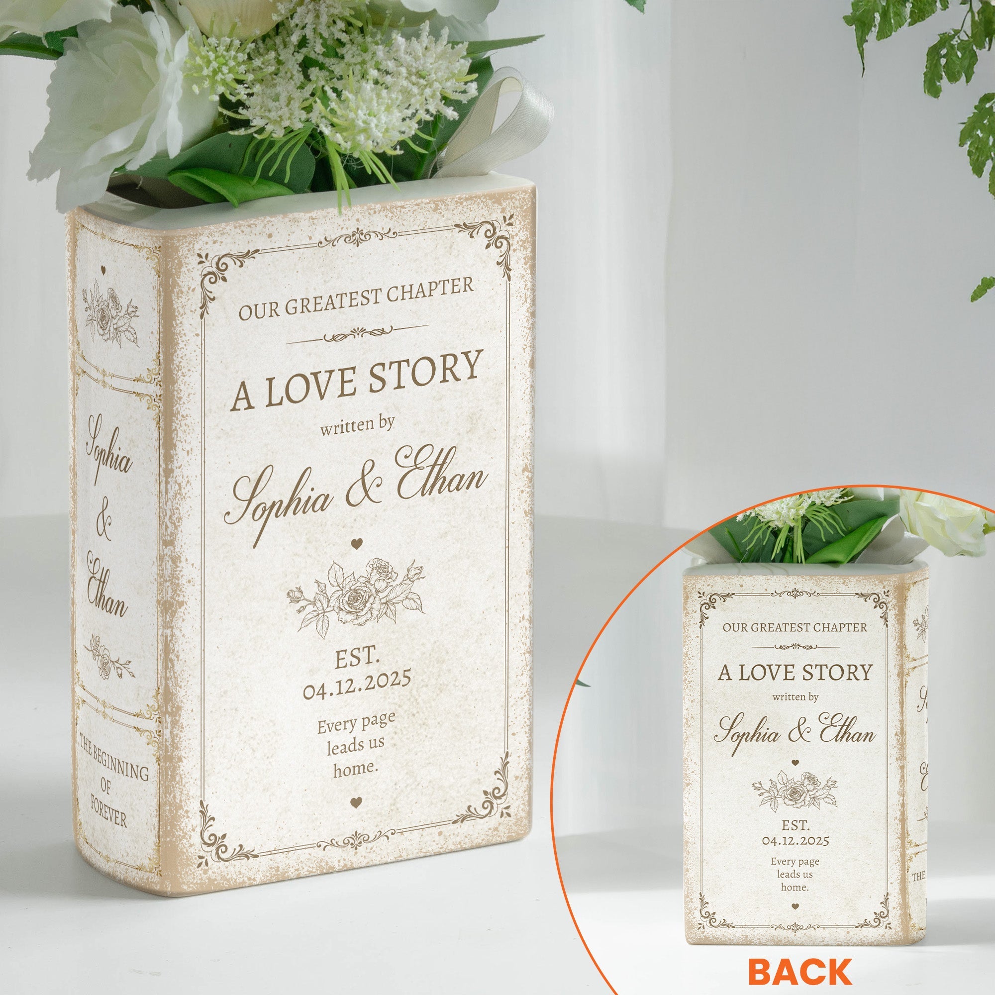 A Love Story Written By - Gifts For Newlywed Couples Ceramic Book - Personalized Vase