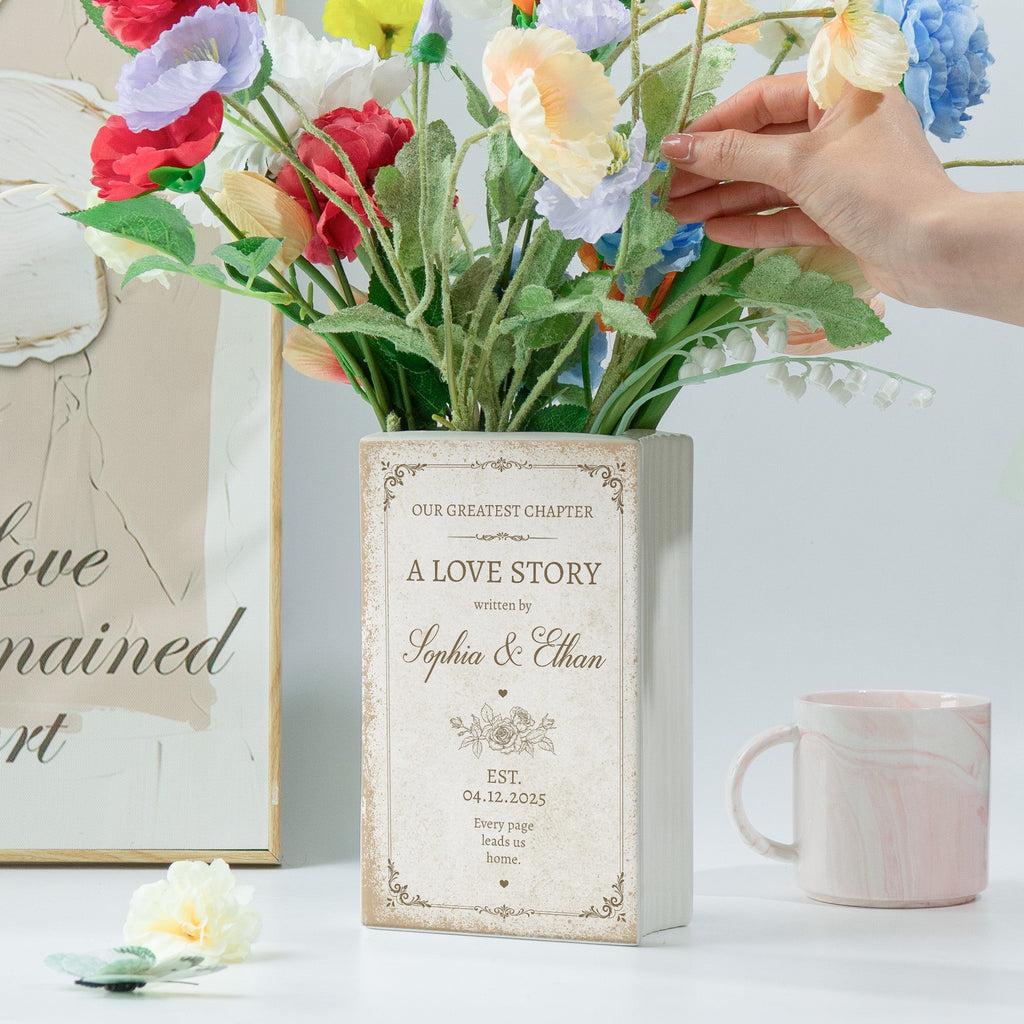 A Love Story Written By - Gifts For Newlywed Couples Ceramic Book - Personalized Vase