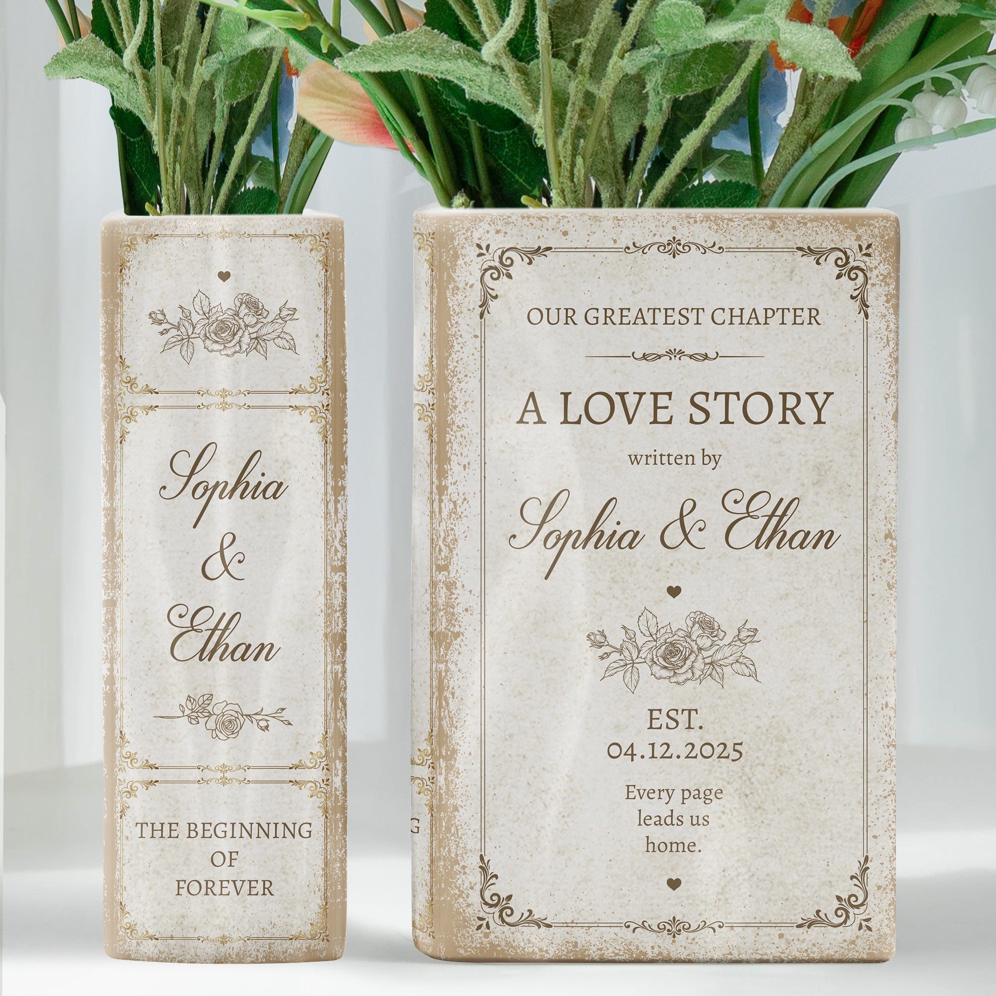 A Love Story Written By - Gifts For Newlywed Couples Ceramic Book - Personalized Vase