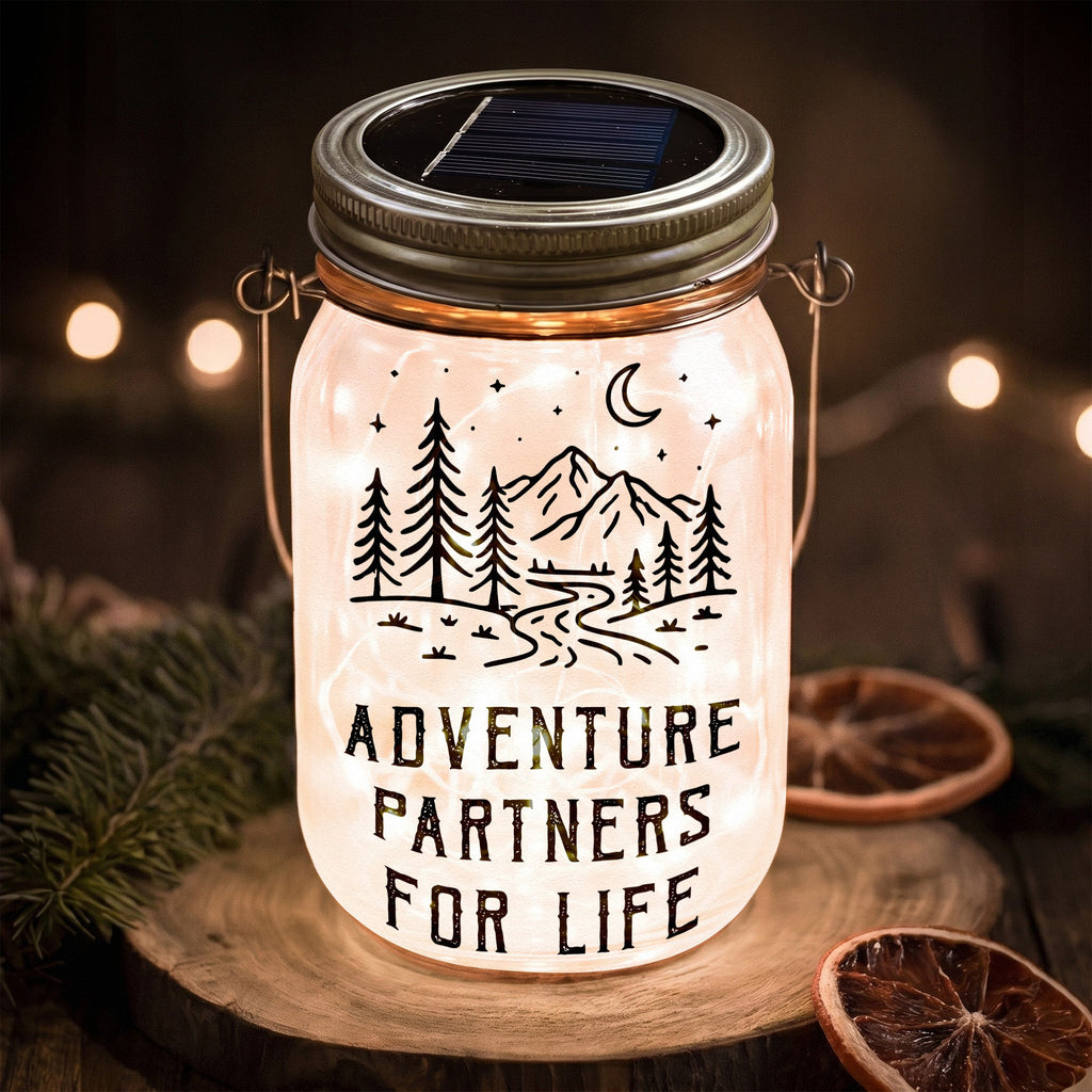 Adventure Partners For Life New Version Couple Anniversary Gift - Personalized Solar Mason Jar Light