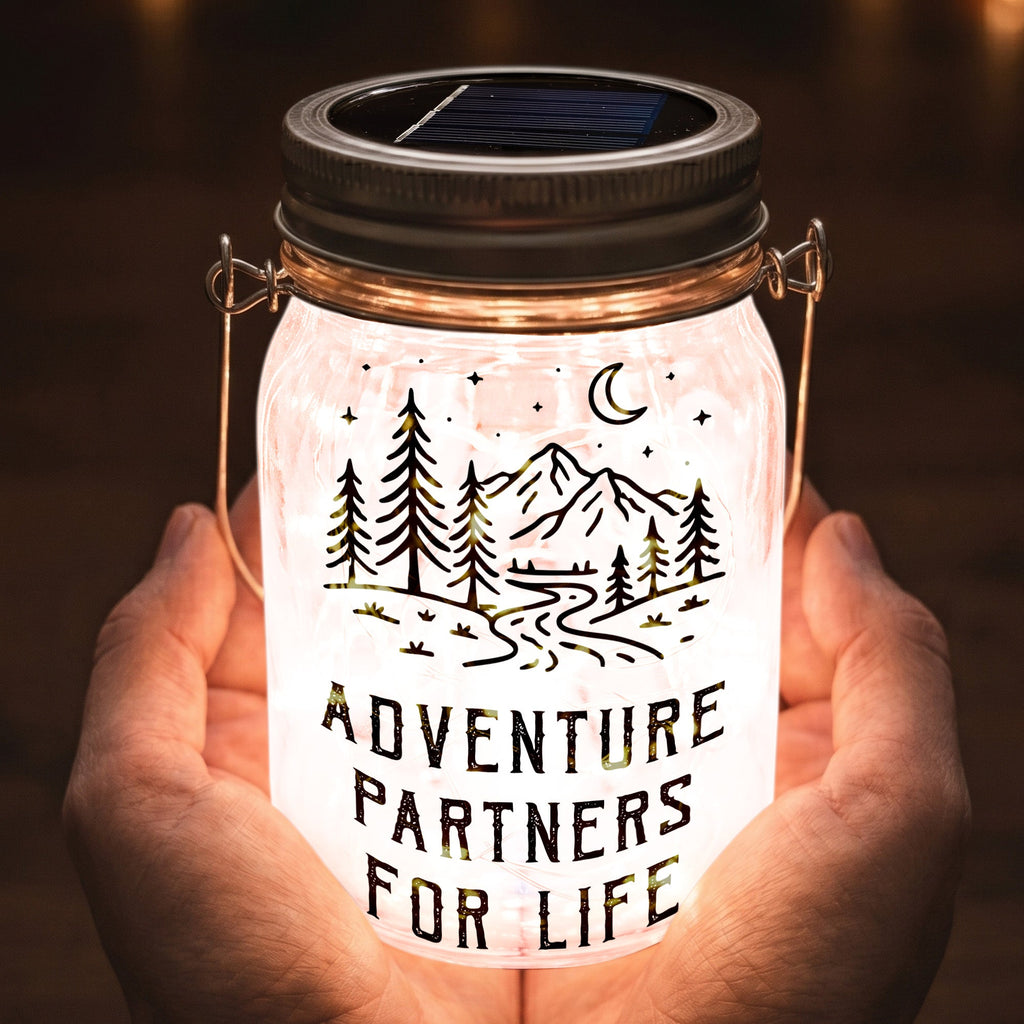 Adventure Partners For Life New Version Couple Anniversary Gift - Personalized Solar Mason Jar Light
