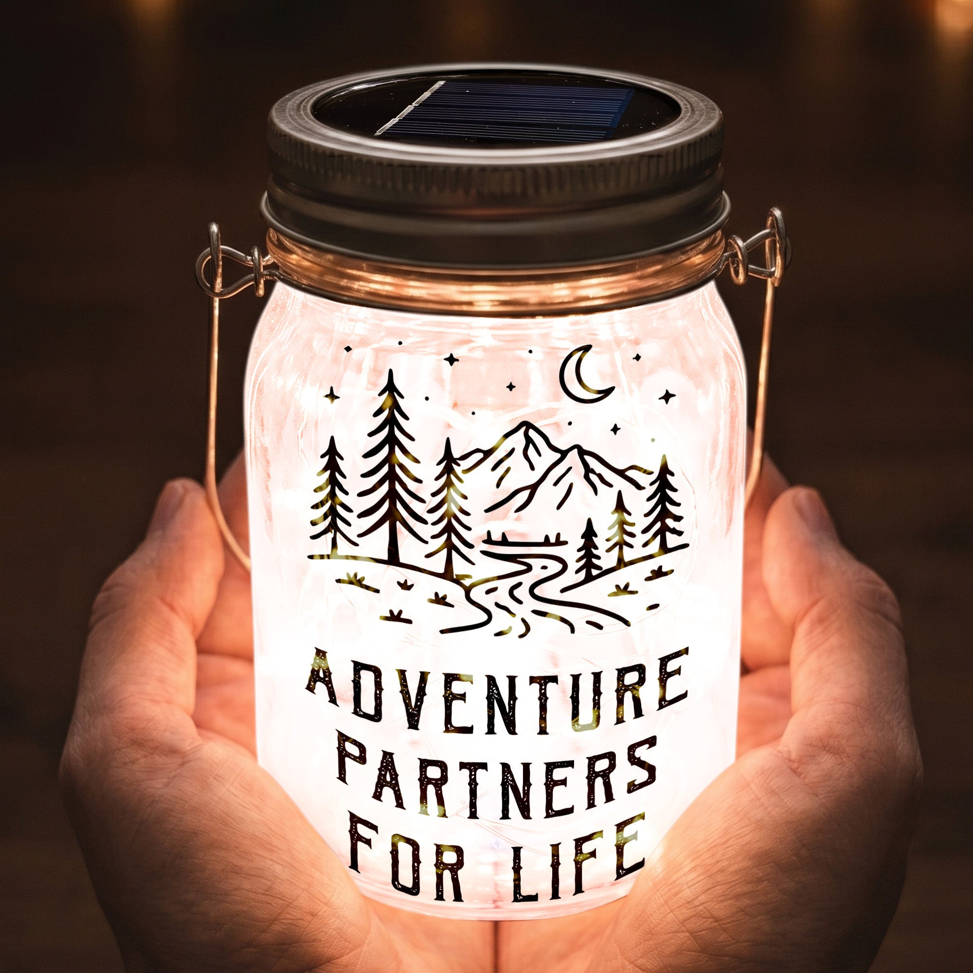 Adventure Partners For Life New Version Couple Anniversary Gift - Personalized Solar Mason Jar Light