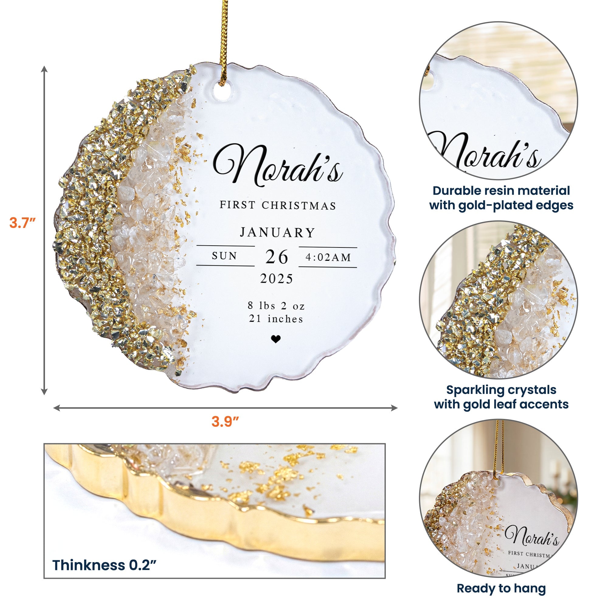 Baby’s First Christmas Custom Birth Stats, Newborn Name & Year - Personalized Resin Ornament