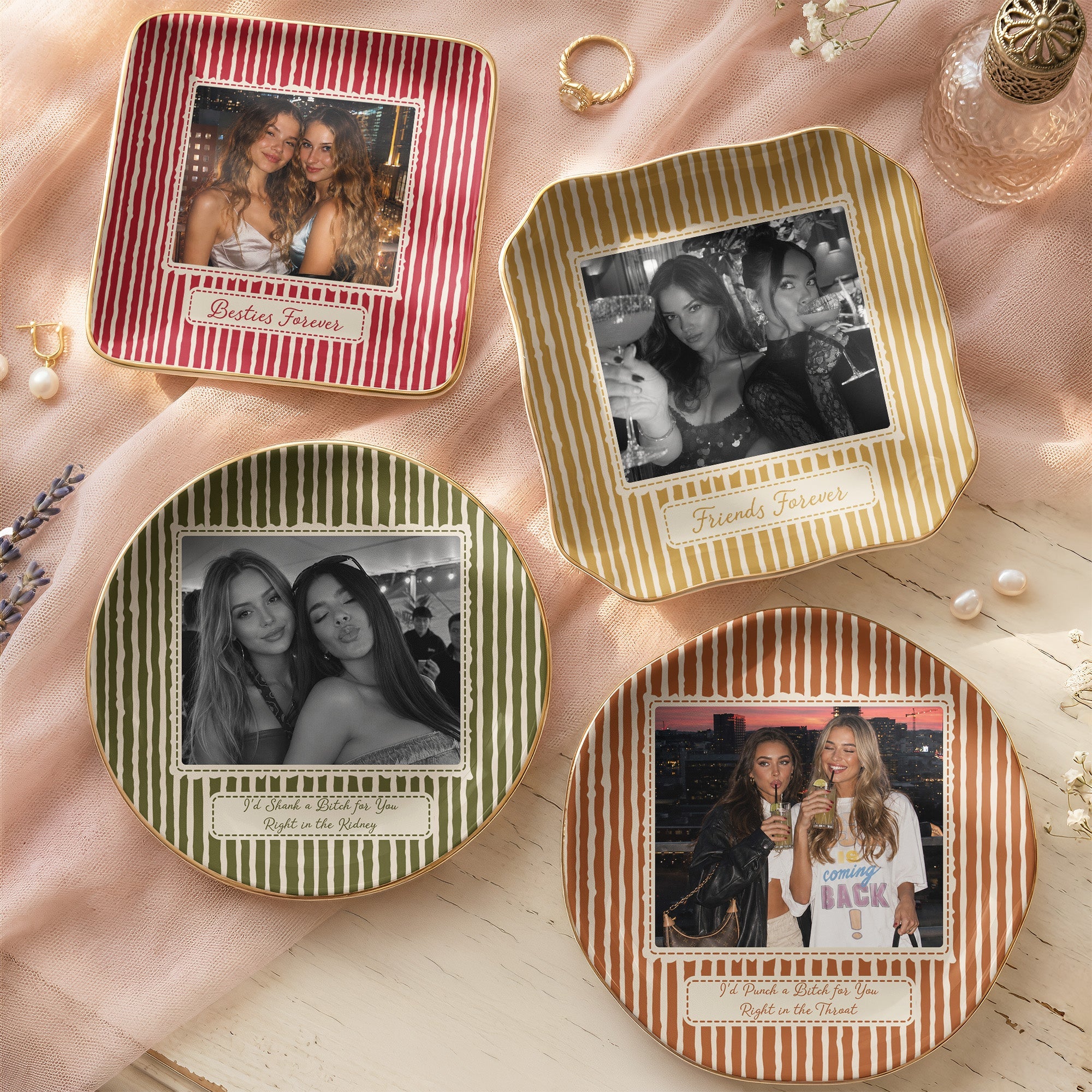 Best Friend Photo Trinket Tray - Birthday Gifts For Bestie, Sister - Vintage Stripe - Personalized Jewelry Dish