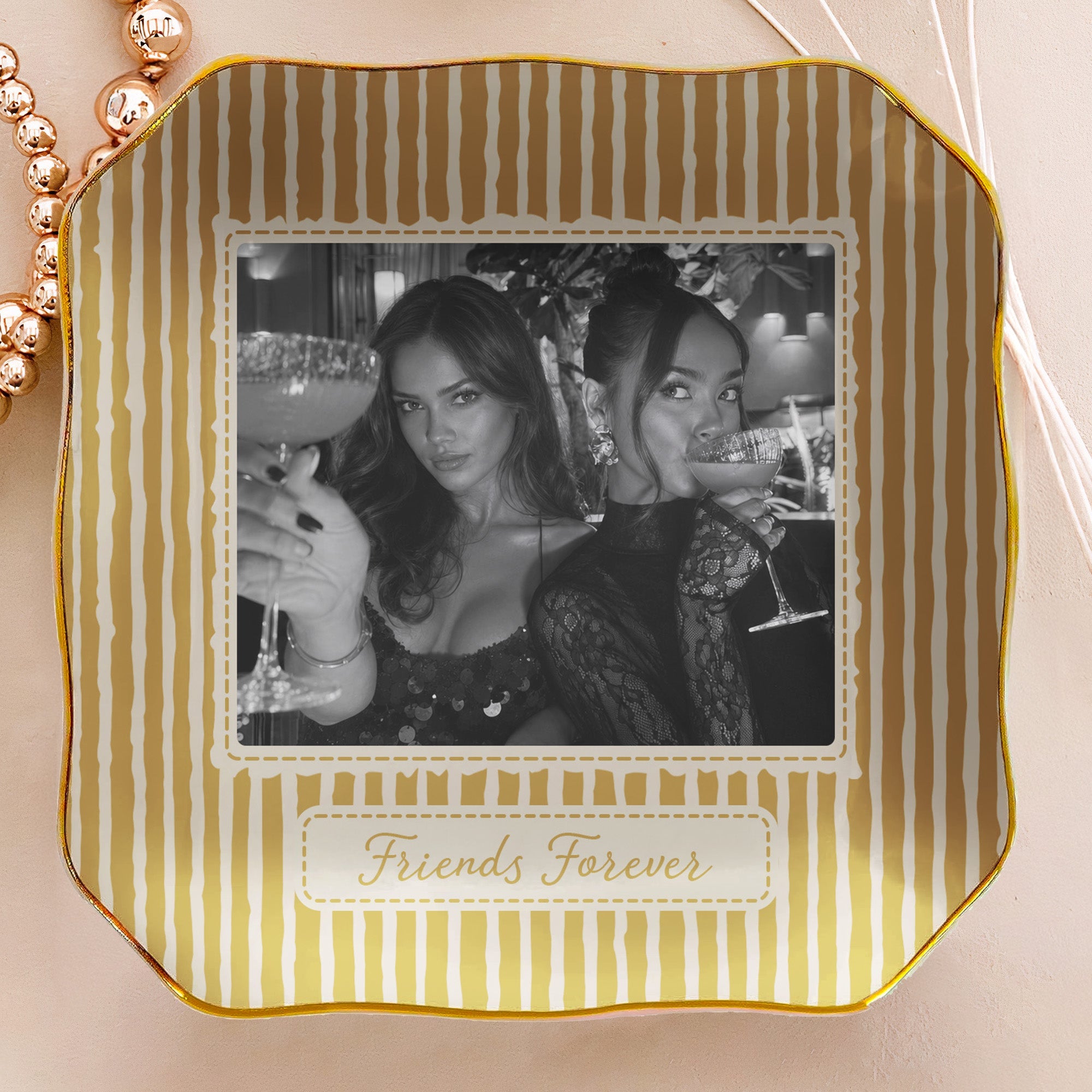 Best Friend Photo Trinket Tray - Birthday Gifts For Bestie, Sister - Vintage Stripe - Personalized Jewelry Dish