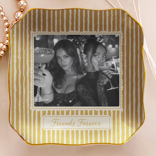Best Friend Photo Trinket Tray - Birthday Gifts For Bestie, Sister - Vintage Stripe - Personalized Jewelry Dish