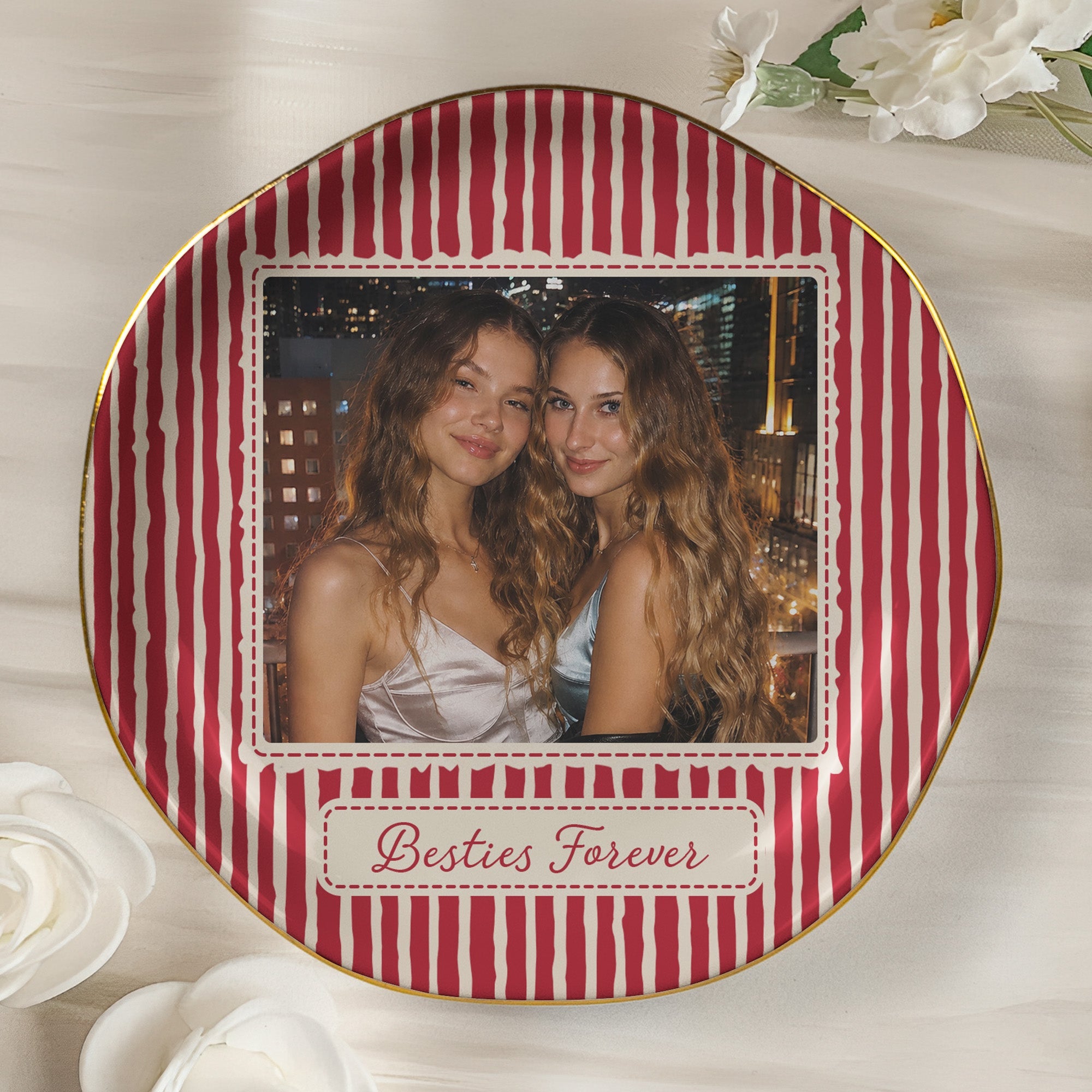 Best Friend Photo Trinket Tray - Birthday Gifts For Bestie, Sister - Vintage Stripe - Personalized Jewelry Dish