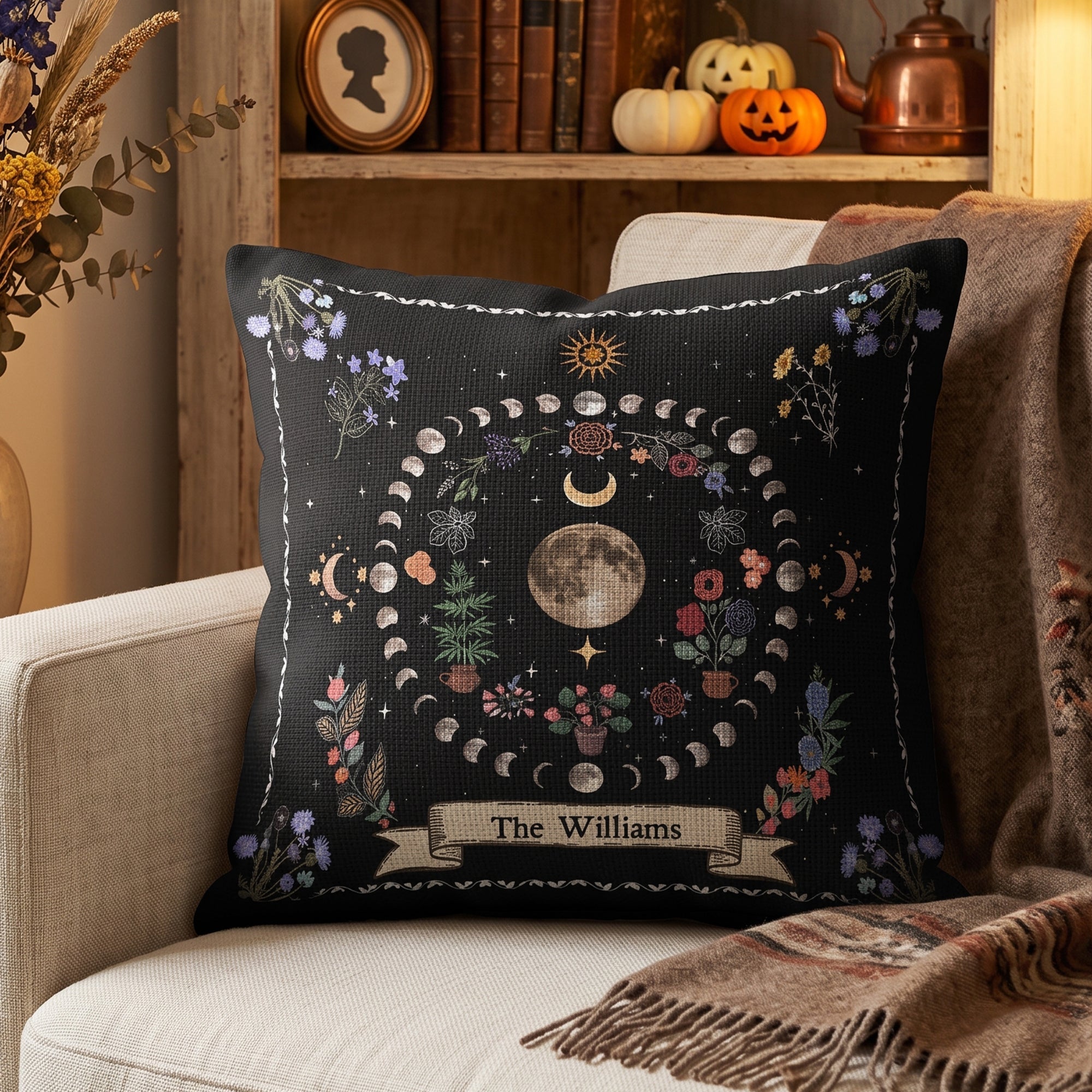 Boho Floral Moon Moon Phases Cycle - Personalized Pillow Cover