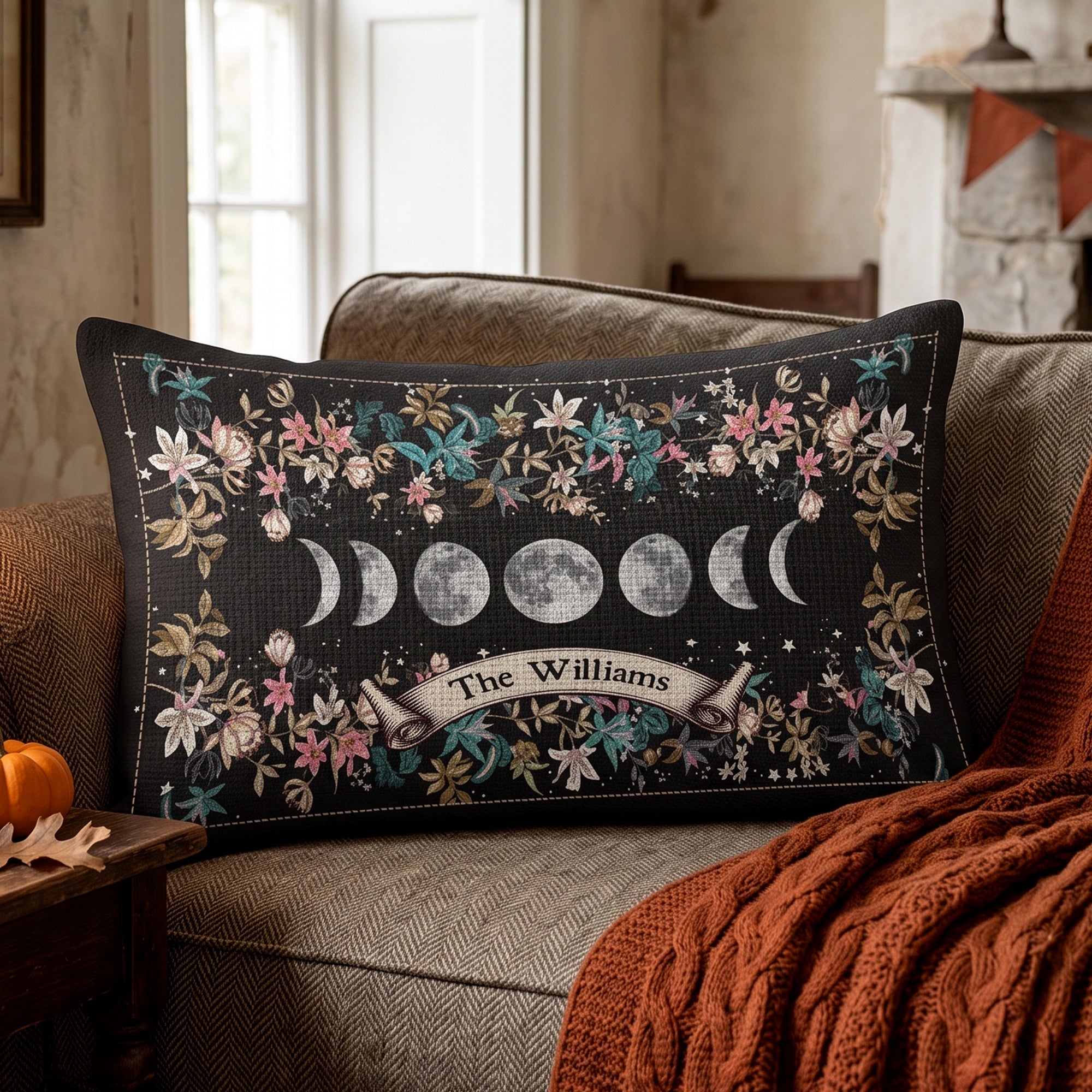 Boho Floral Moon Moon Phases Cycle - Personalized Pillow Cover