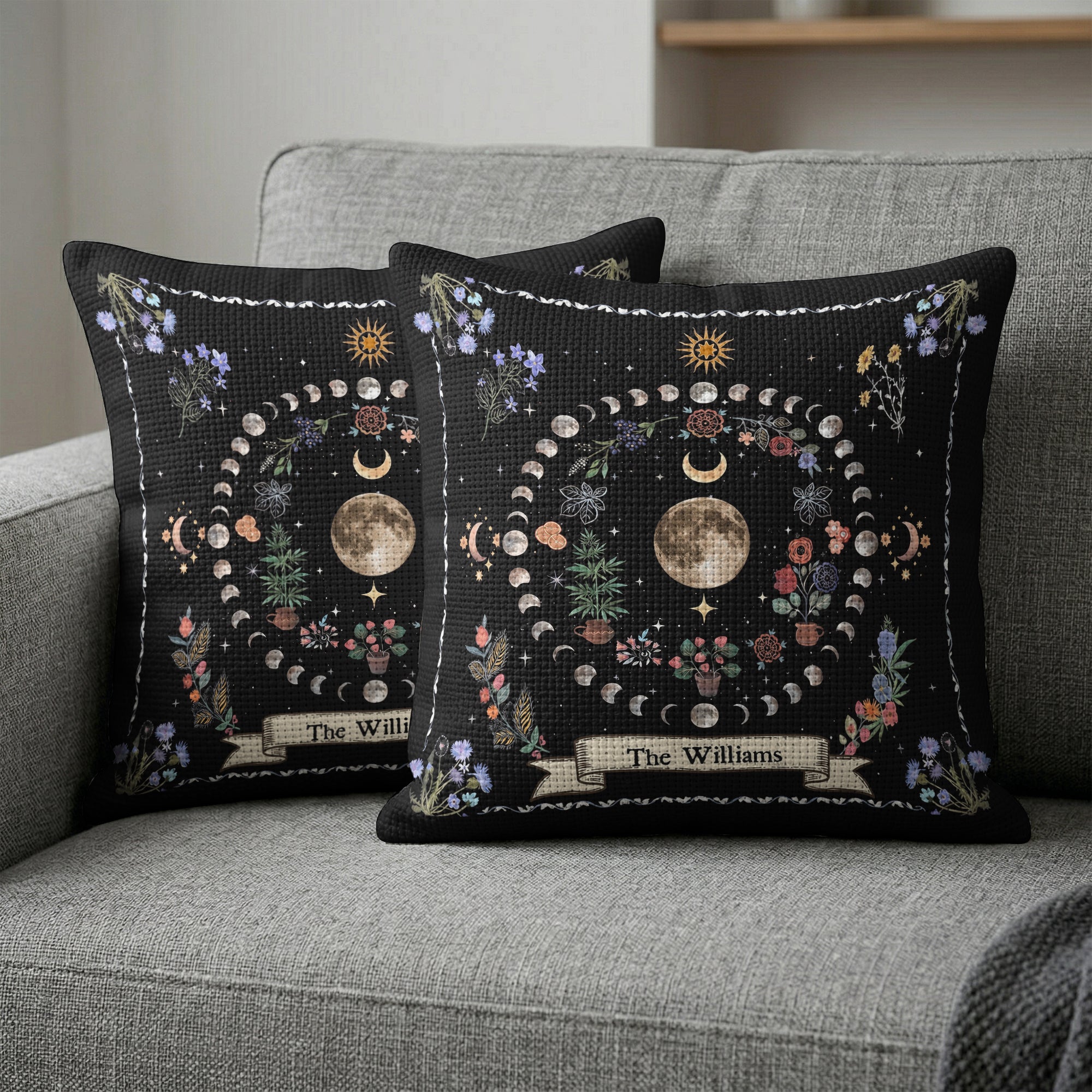 Boho Floral Moon Moon Phases Cycle - Personalized Pillow Cover