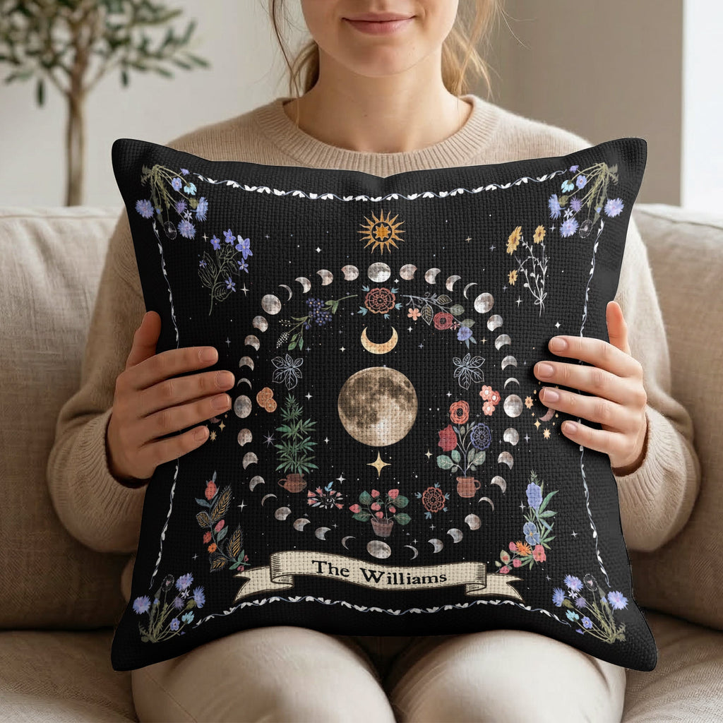 Boho Floral Moon Moon Phases Cycle - Personalized Pillow Cover