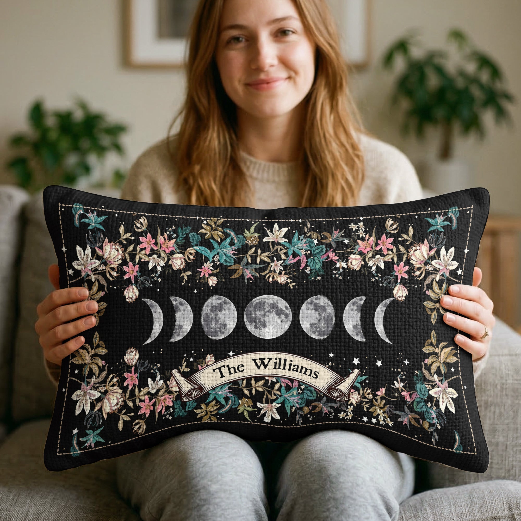 Boho Floral Moon Moon Phases Cycle - Personalized Pillow Cover
