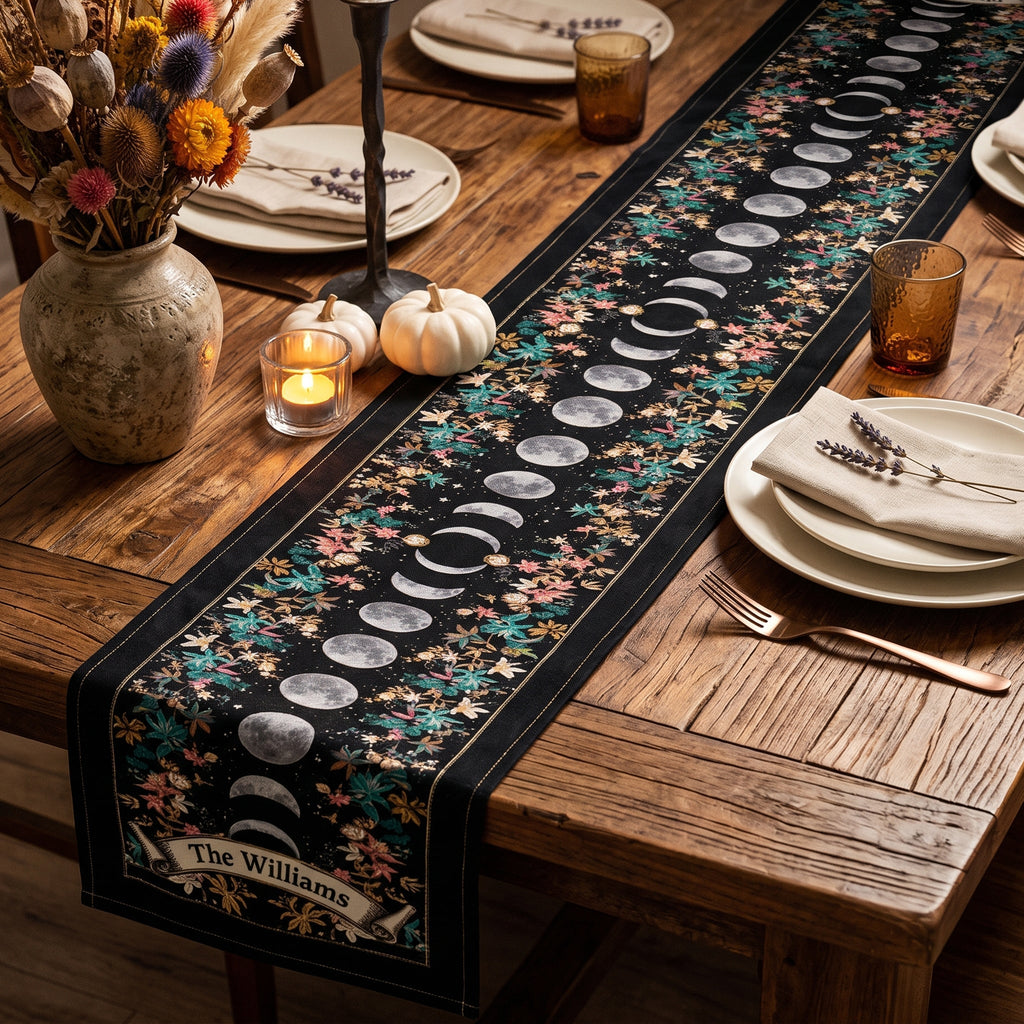 Boho Floral Moon Moon Phases Cycle - Personalized Table Runner