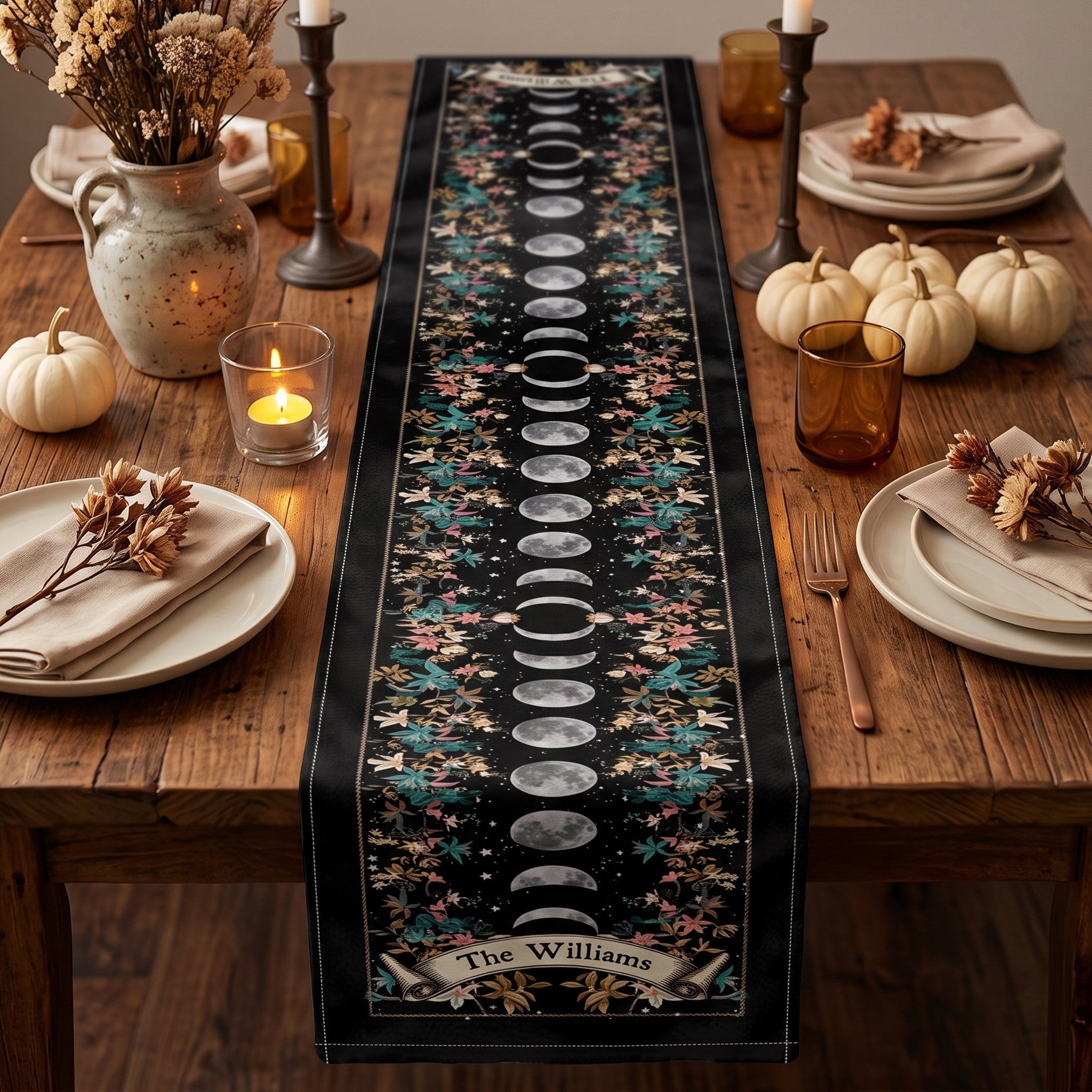 Boho Floral Moon Moon Phases Cycle - Personalized Table Runner
