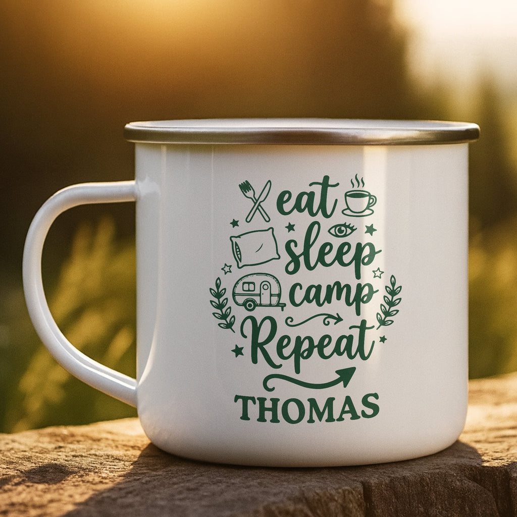 Camping Mug, Family Travel Camper Custom Monogram, Name Adventure Enamel Mug - Personalized Mugs