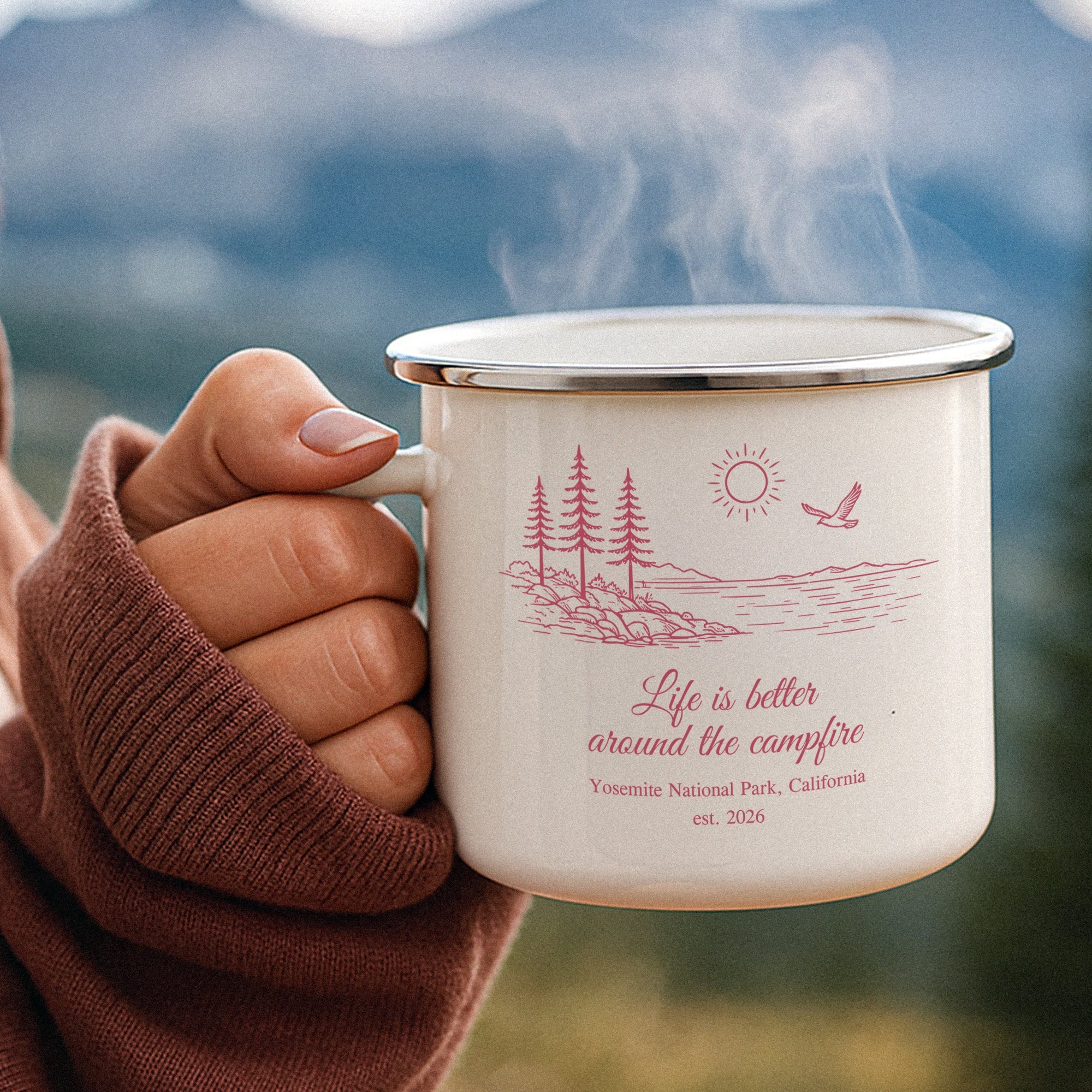 Camping Mug, Family Travel, Friends Trip, Camper Adventure Enamel Mug - Personalized Mugs