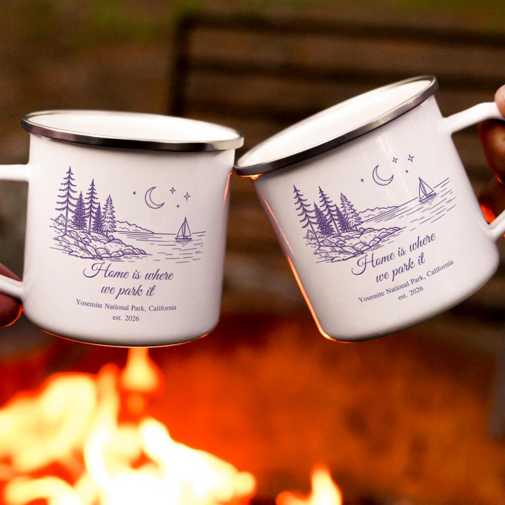 Camping Mug, Family Travel, Friends Trip, Camper Adventure Enamel Mug - Personalized Mugs