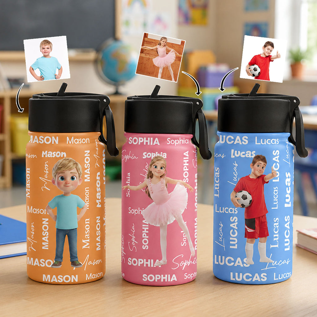 Cartoon Character With Name Pattern Back To School Gift - Personalized Water Bottle
