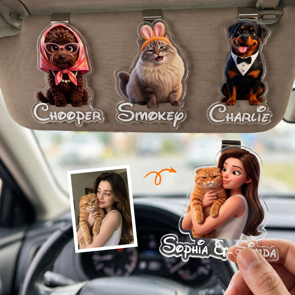 Cartoon Your Pet - Cute Gifts For Dog Mom, Cat Mom - Personalized Car Visor Clip