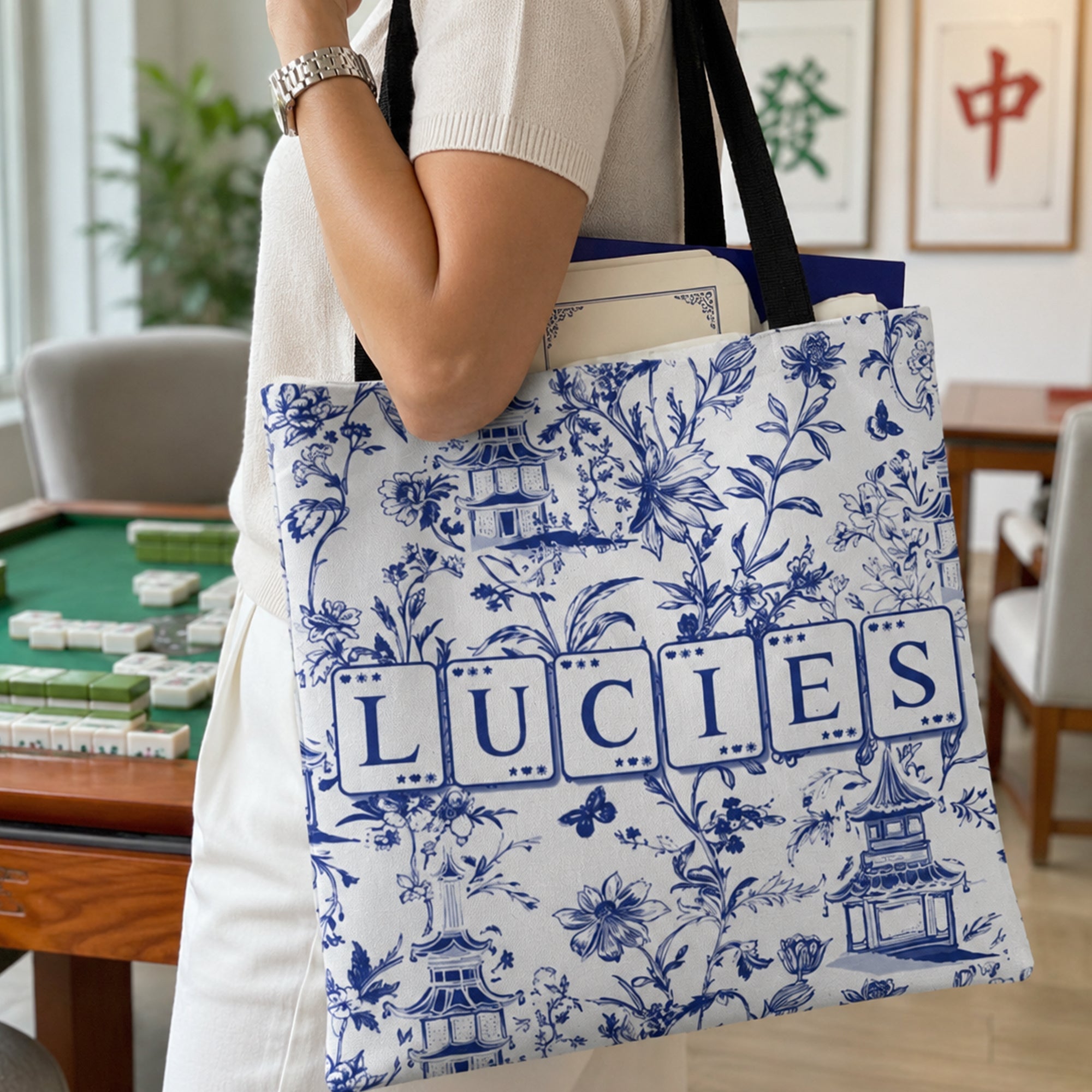 Chinoiserie Mahjong Custom Name - Personalized Tote Bag
