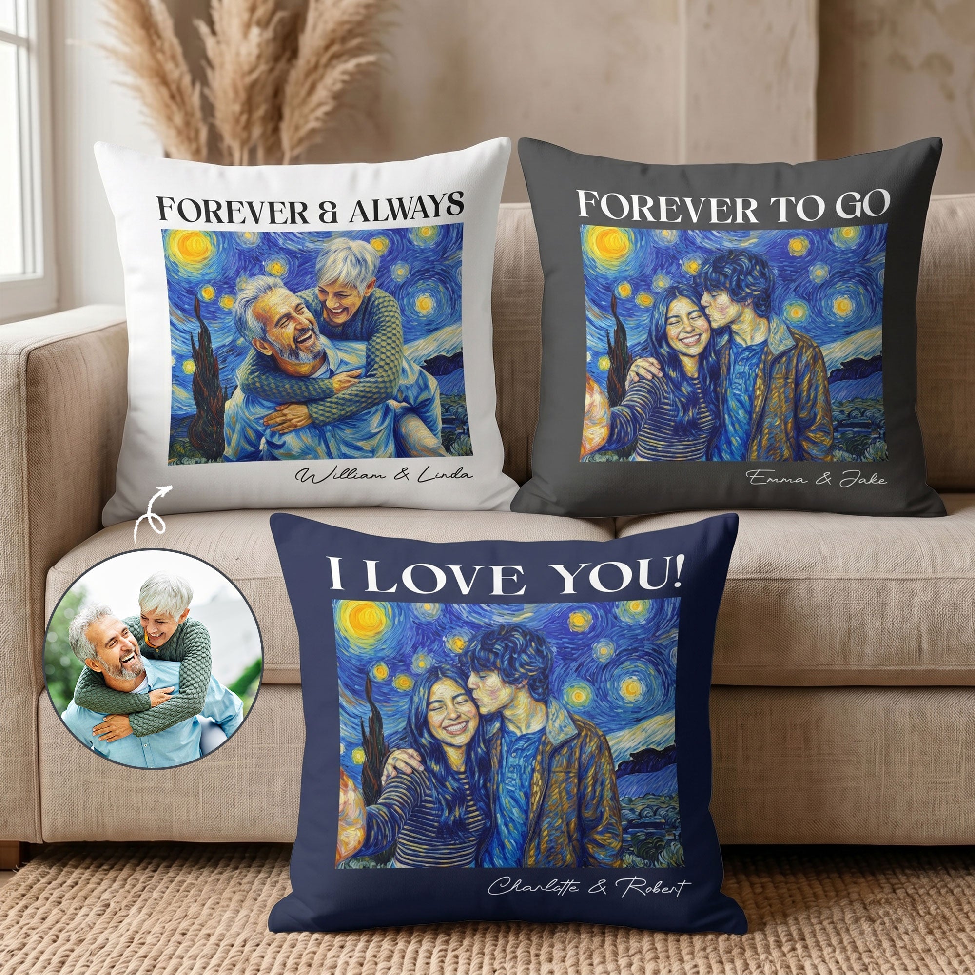 Couple Photo Van Gogh Art Forever & Always Anniversary Gift For Him, Her - Personalized Pillow