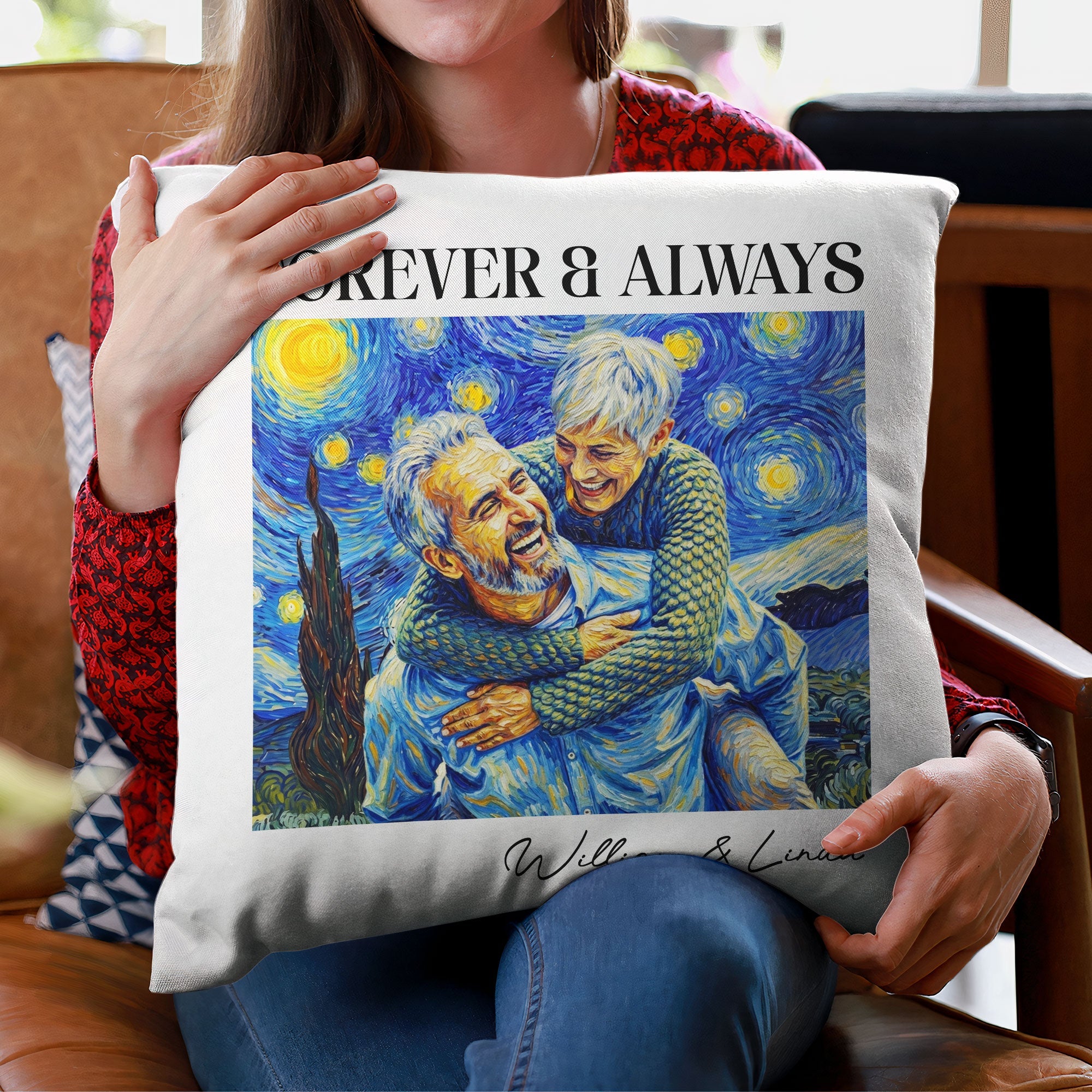Couple Photo Van Gogh Art Forever & Always Anniversary Gift For Him, Her - Personalized Pillow