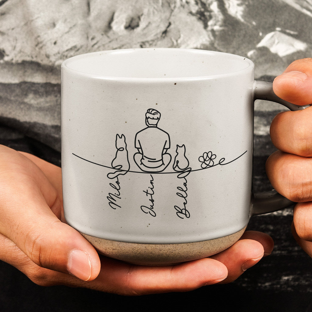Couple With Pet, Dog Lovers, Cat Lovers - Line Art Style - Personalized Mugs