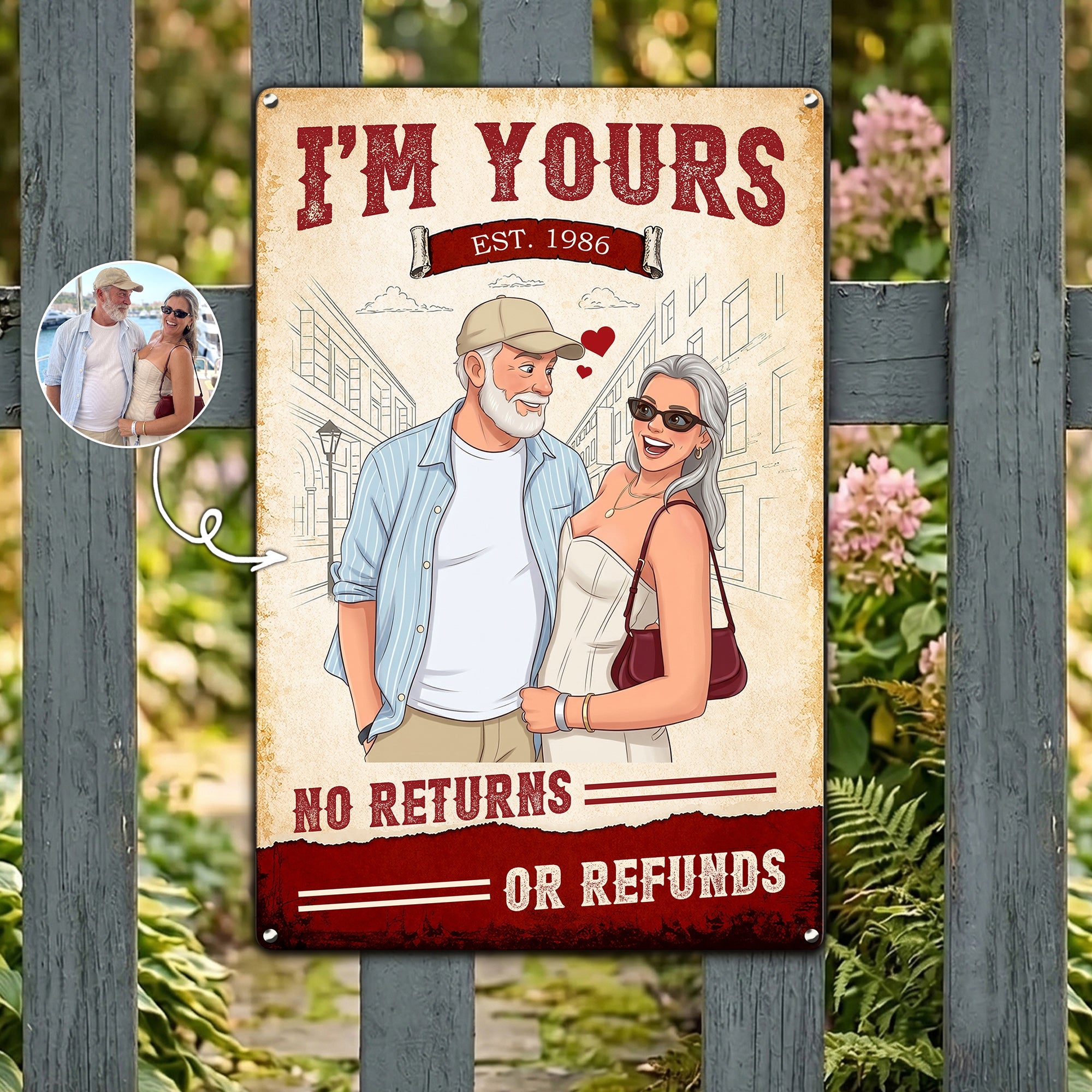 Custom Couple Photo Cartoon Style Art I'm Yours No Returns - Personalized Metal Sign