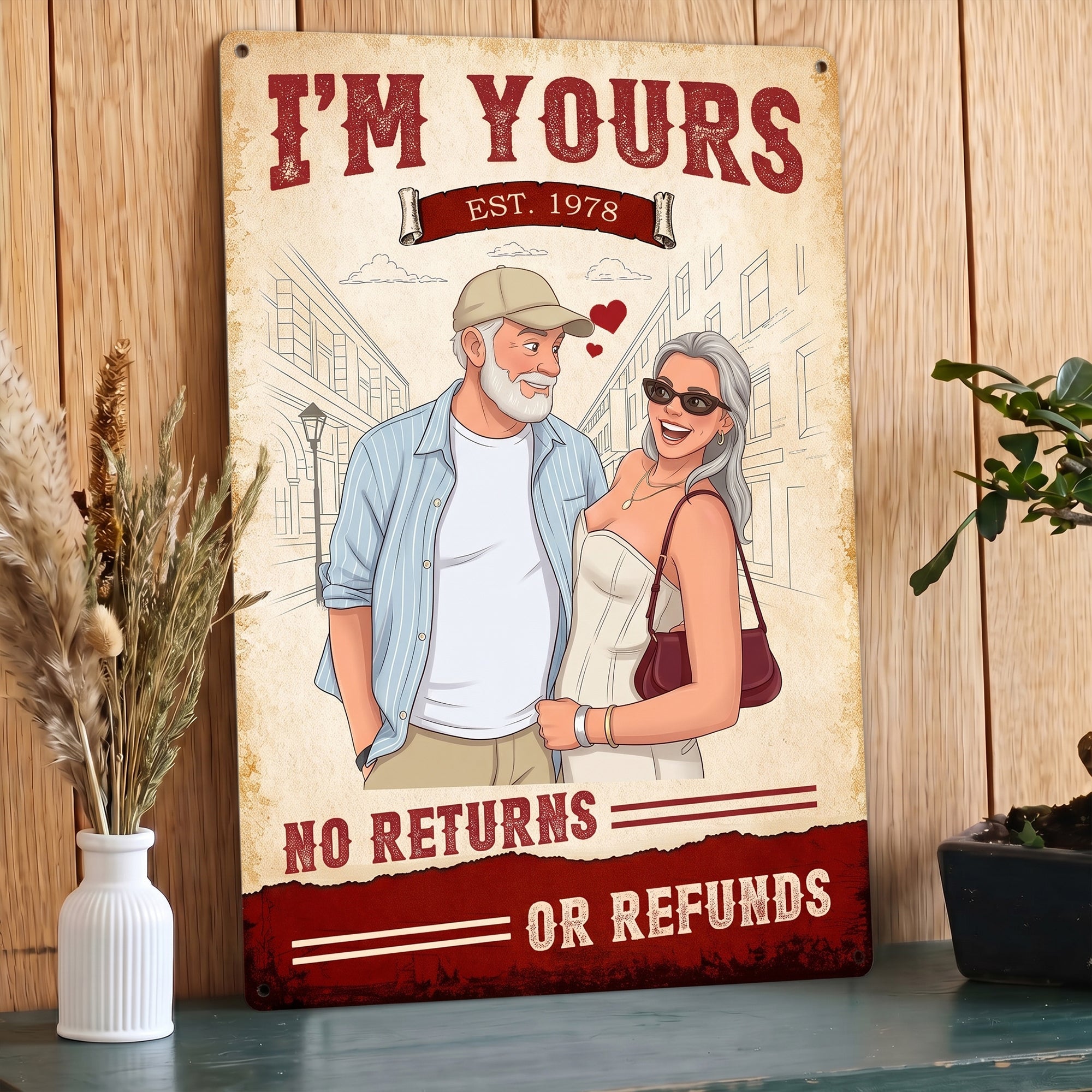 Custom Couple Photo Cartoon Style Art I'm Yours No Returns - Personalized Metal Sign