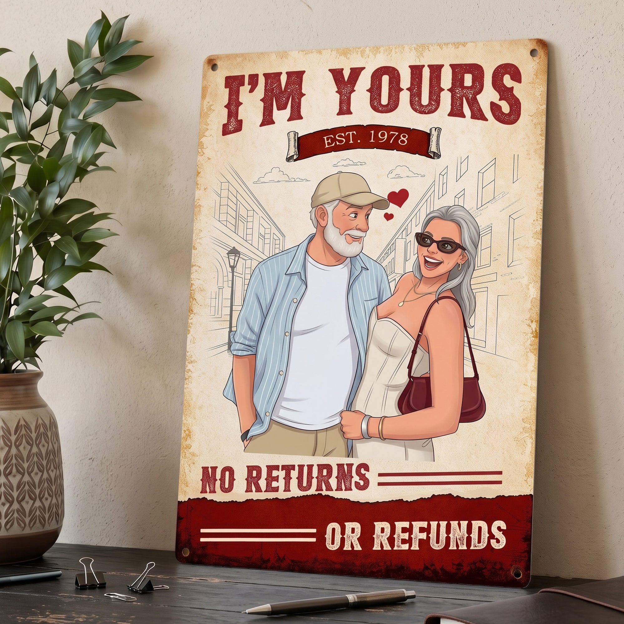 Custom Couple Photo Cartoon Style Art I'm Yours No Returns - Personalized Metal Sign