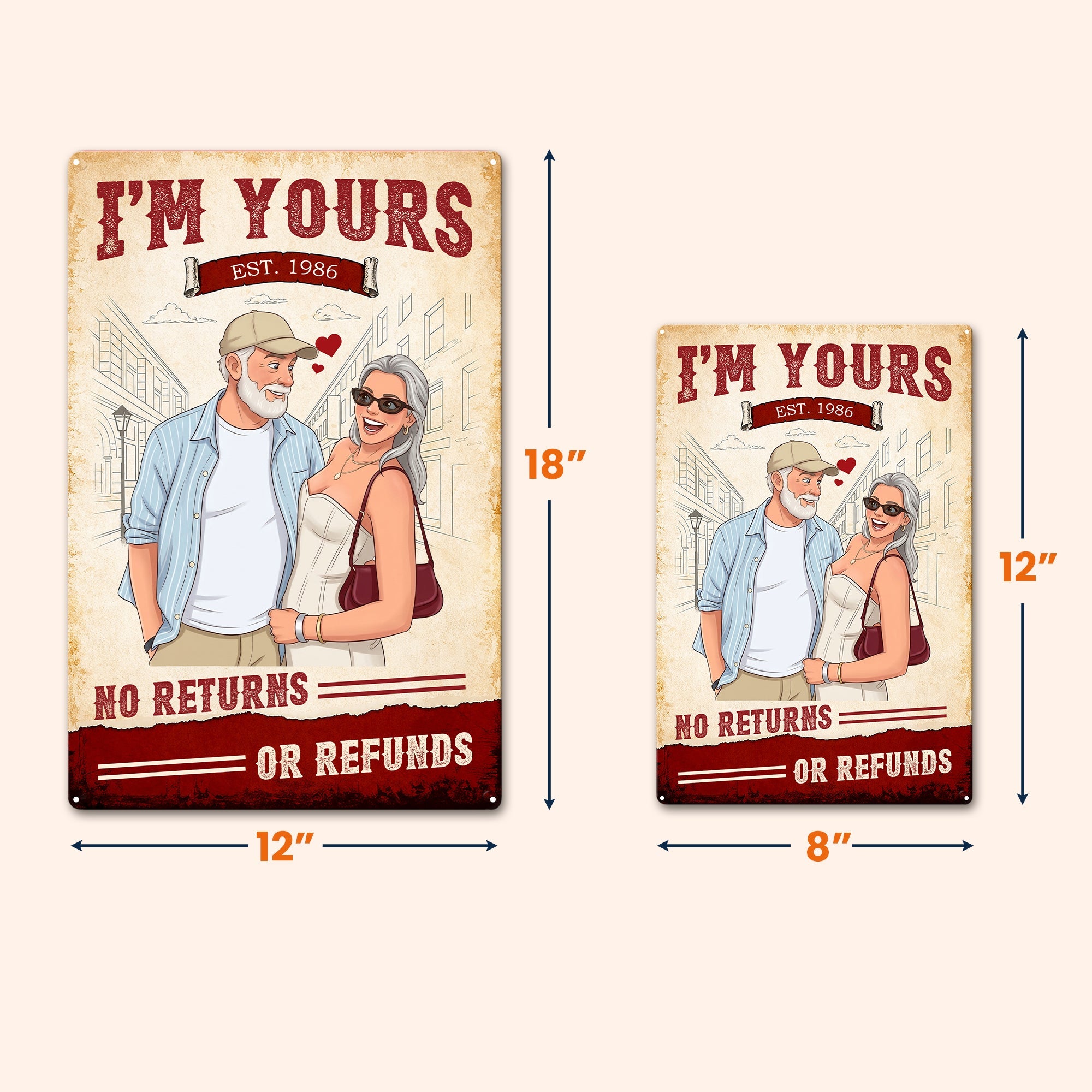 Custom Couple Photo Cartoon Style Art I'm Yours No Returns - Personalized Metal Sign