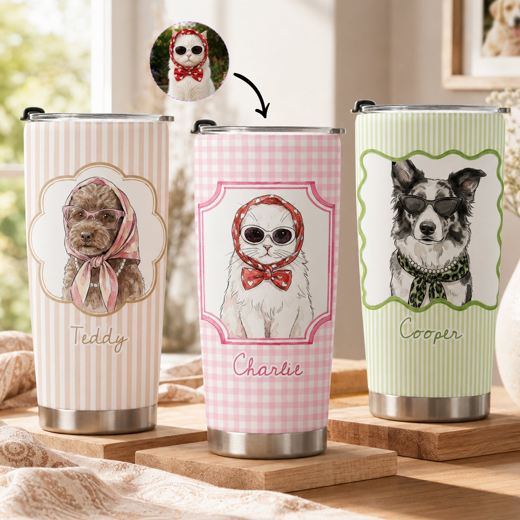 Custom Cup With Pet Photo Watercolor Art Striped Pattern - Personalized Tumbler Cup