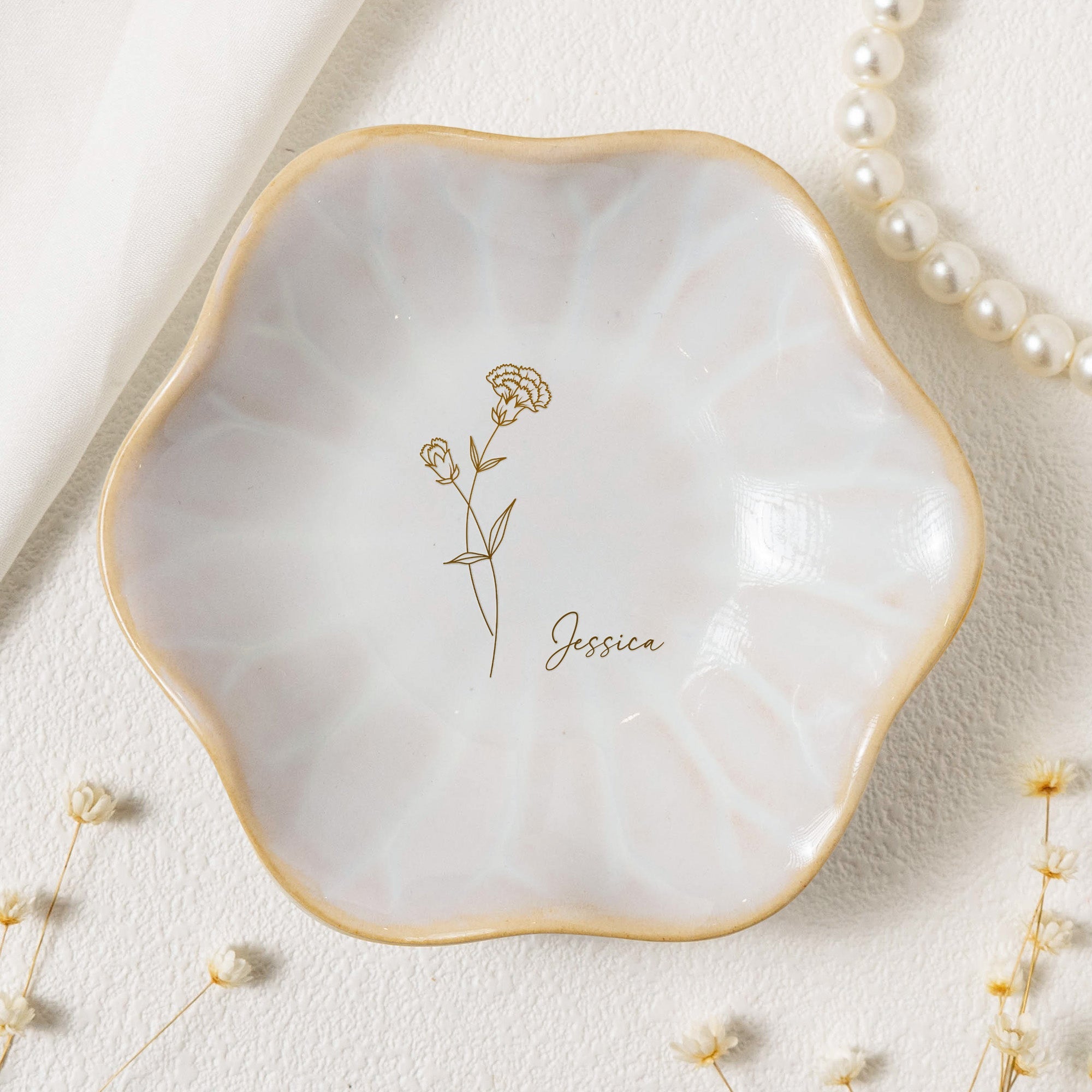 Custom Birth Flower Line Art Gifts For Her, Friends, Sisters - Personalized Jewelry Dish