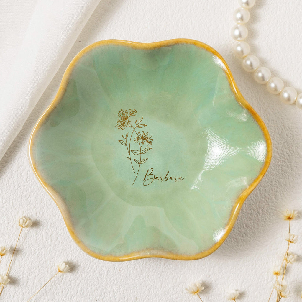 Custom Birth Flower Line Art Gifts For Her, Friends, Sisters - Personalized Jewelry Dish
