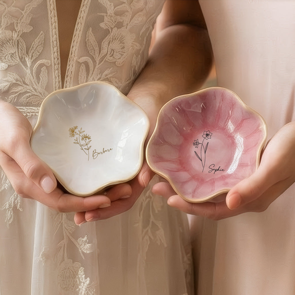 Custom Birth Flower Line Art Gifts For Her, Friends, Sisters - Personalized Jewelry Dish