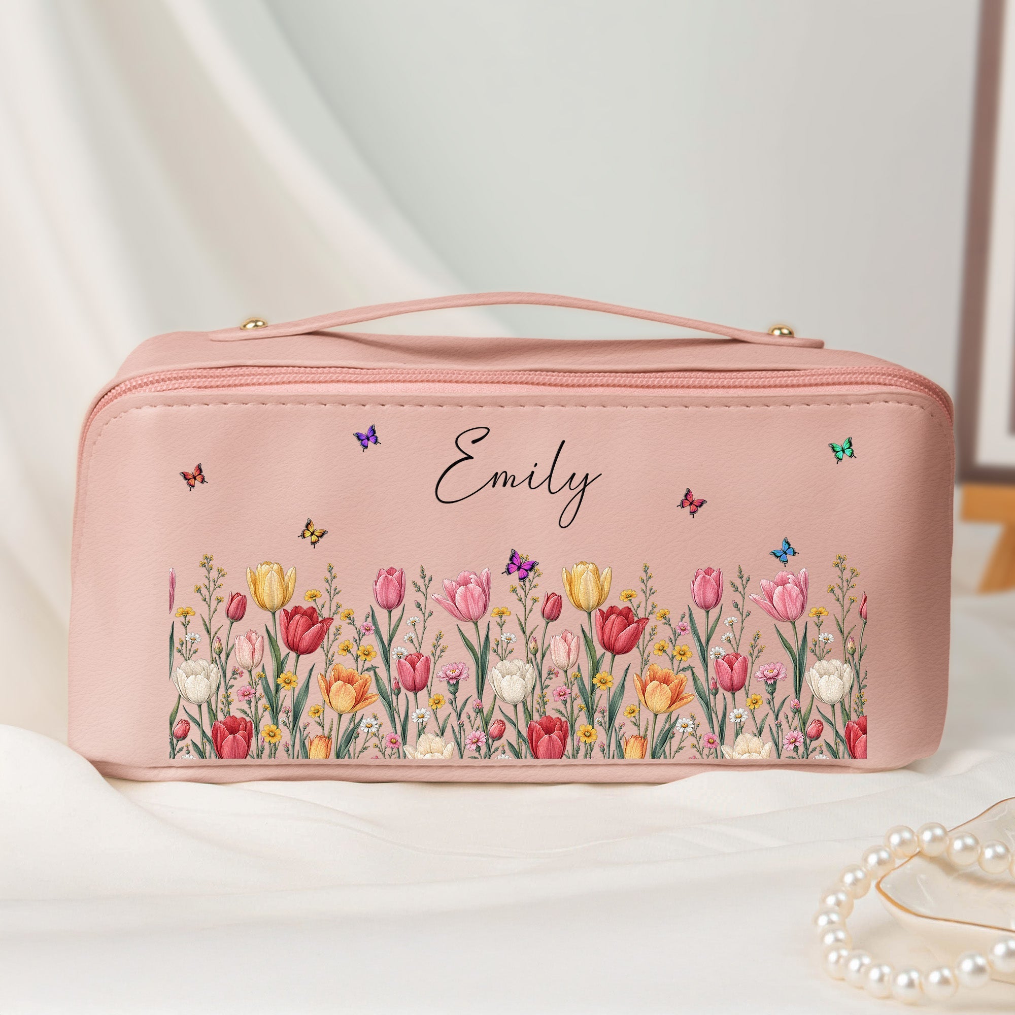 Custom Birth Flower & Name For Friends, Daughter, Granddaughter, Coworkers - Personalized Makeup Bag