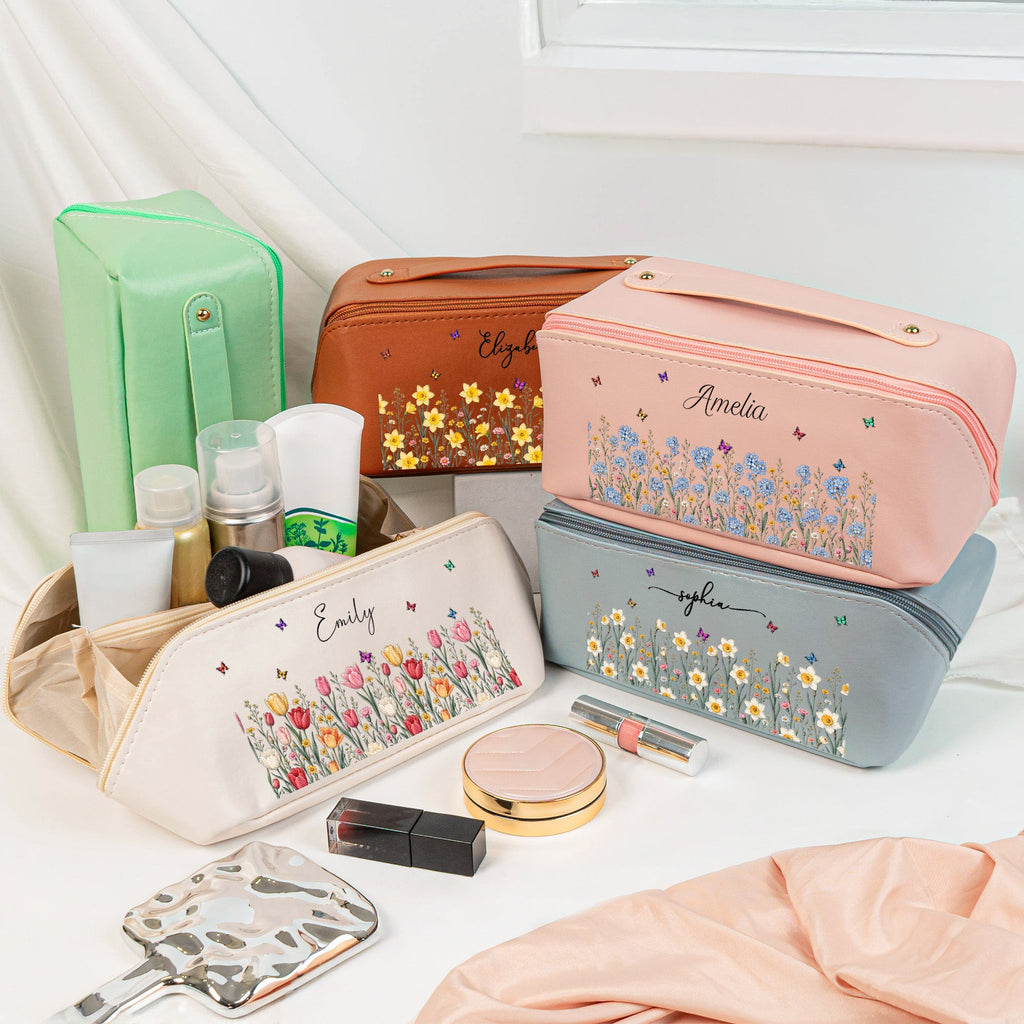 Custom Birth Flower & Name For Friends, Daughter, Granddaughter, Coworkers - Personalized Makeup Bag
