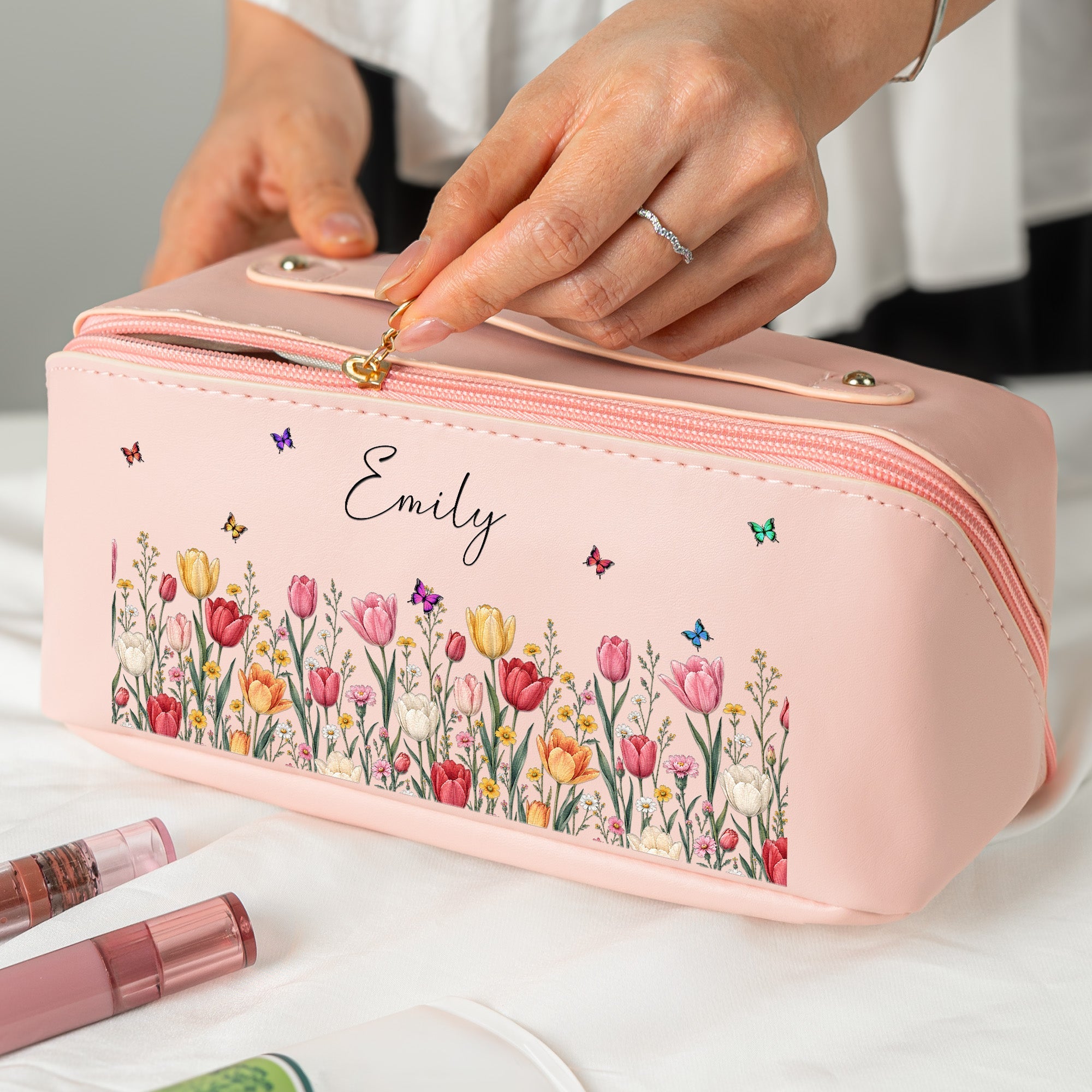 Custom Birth Flower & Name For Friends, Daughter, Granddaughter, Coworkers - Personalized Makeup Bag