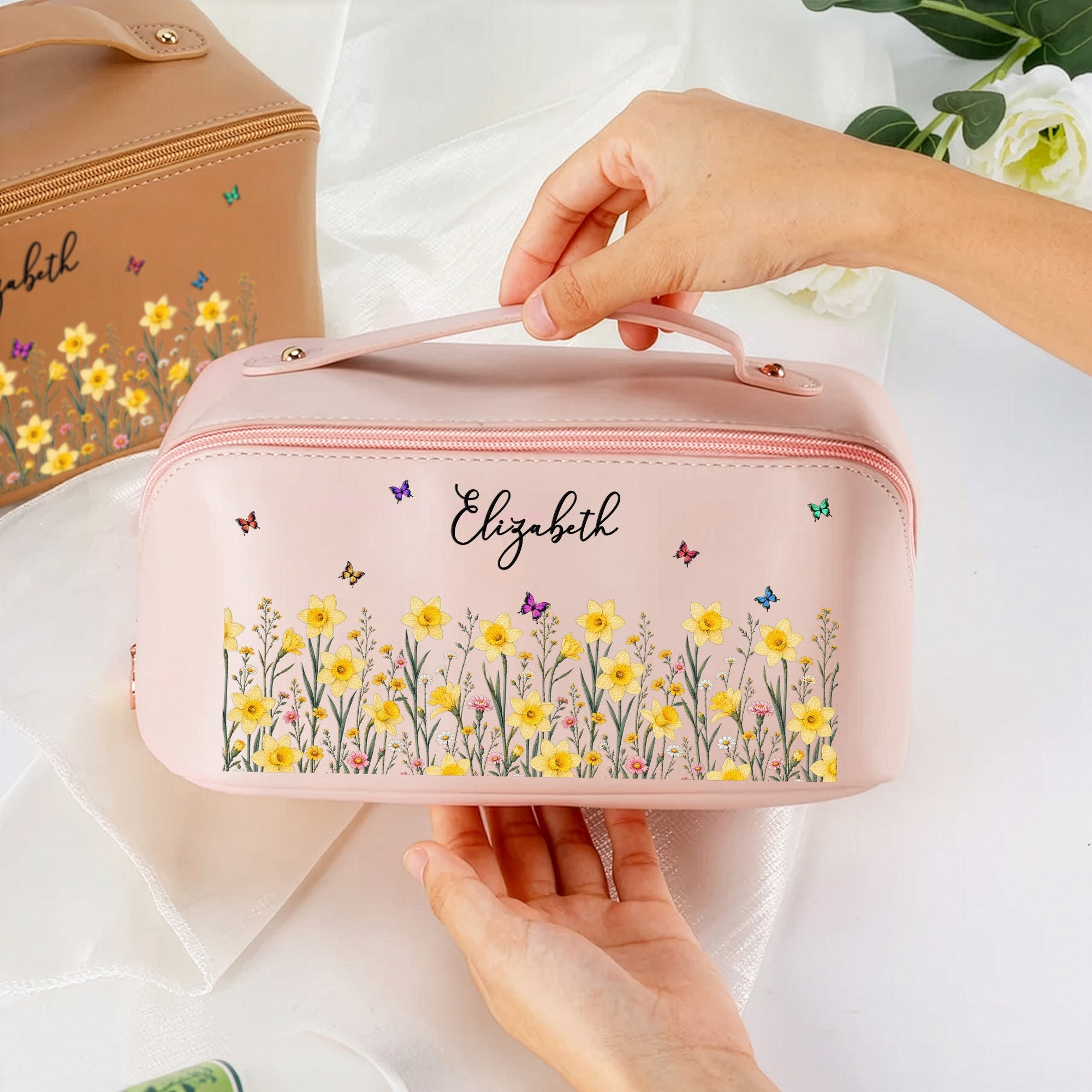 Custom Birth Flower & Name For Friends, Daughter, Granddaughter, Coworkers - Personalized Makeup Bag