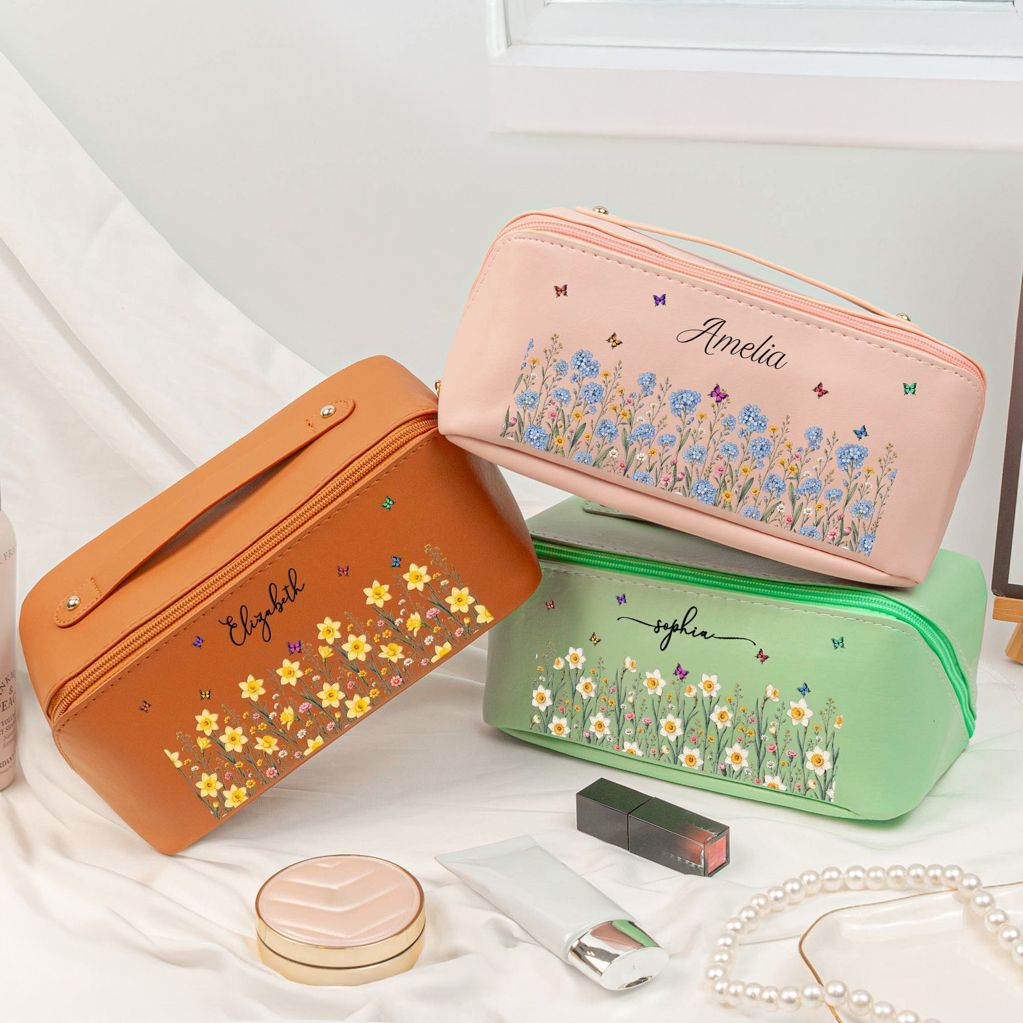 Custom Birth Flower & Name For Friends, Daughter, Granddaughter, Coworkers - Personalized Makeup Bag