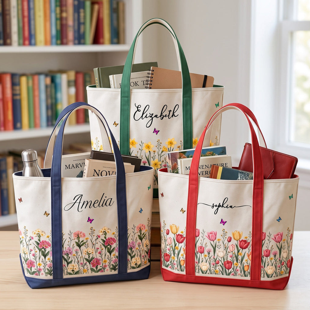 Custom Birth Flower & Name For Friends, Daughter, Granddaughter, Coworkers - Personalized Tote Bag