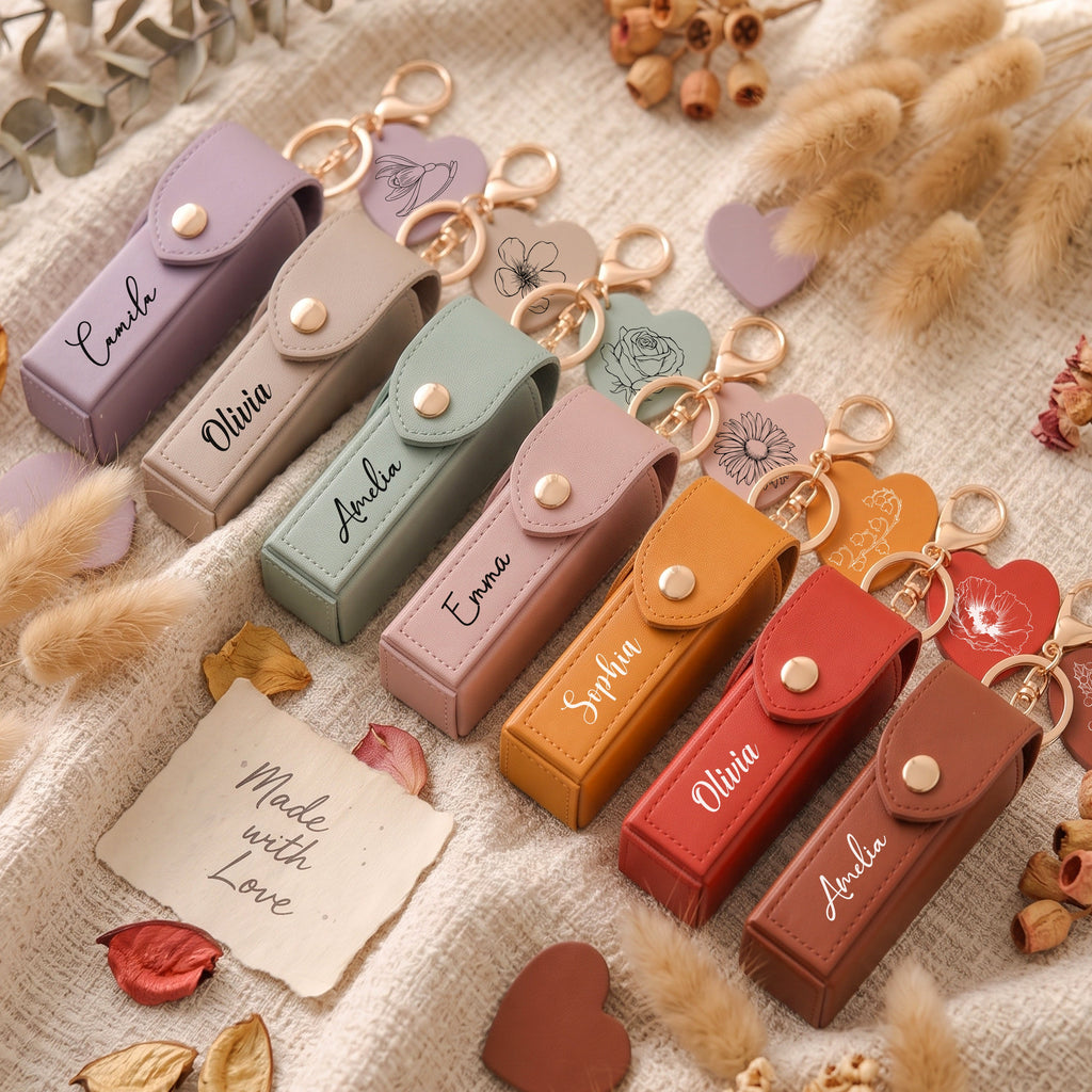 Custom Birth Flower & Name For Her, Daughter, Bridesmaids, Friends Lipstick Case With Mirror - Personalized Keychain