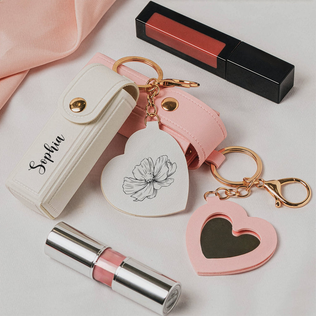 Custom Birth Flower & Name For Her, Daughter, Bridesmaids, Friends Lipstick Case With Mirror - Personalized Keychain