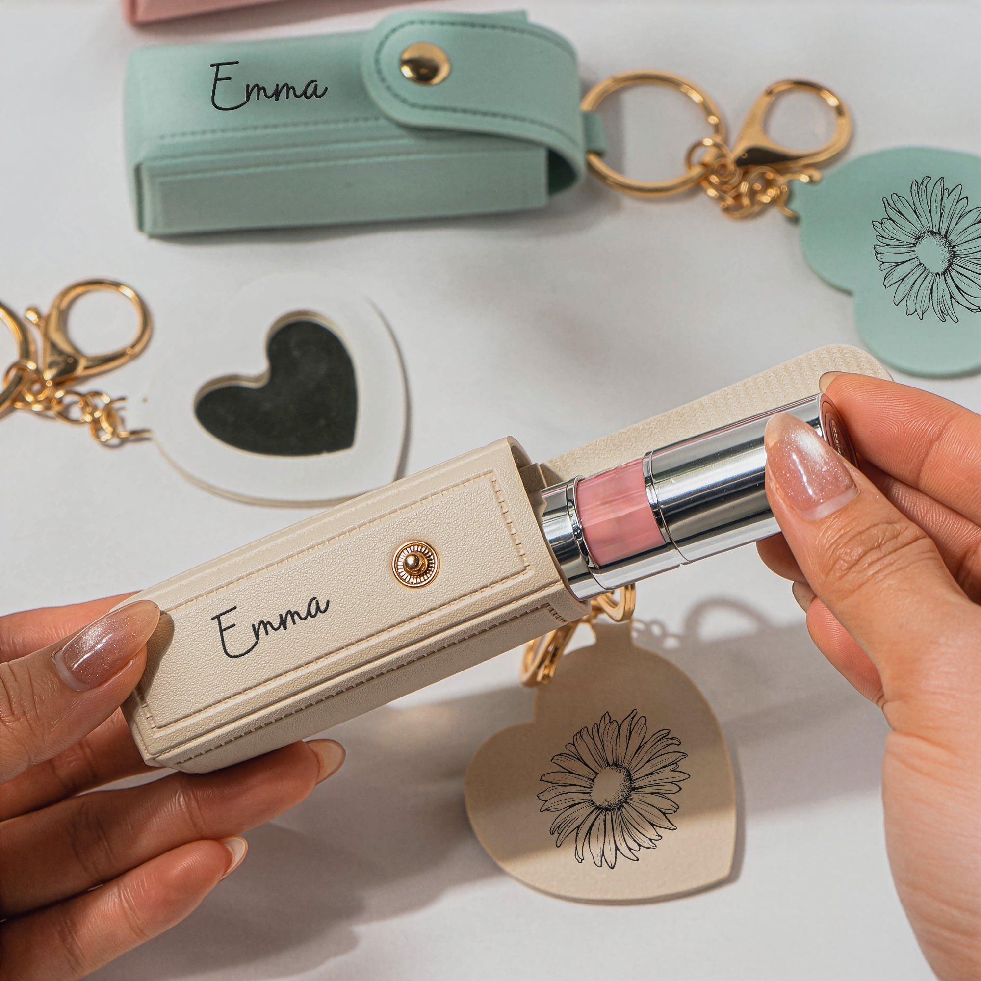 Custom Birth Flower & Name For Her, Daughter, Bridesmaids, Friends Lipstick Case With Mirror - Personalized Keychain