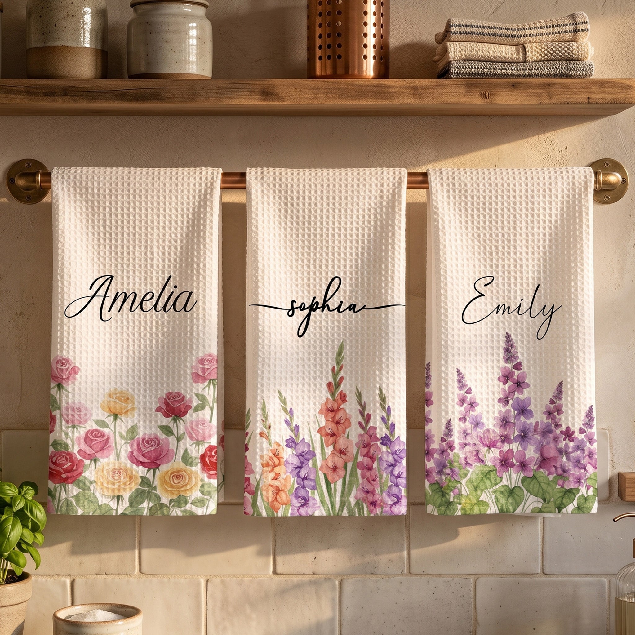 Custom Birth Flower & Name For Her Kitchen, Grandma, Mom, Wife, Friends - Personalized Kitchen Towel